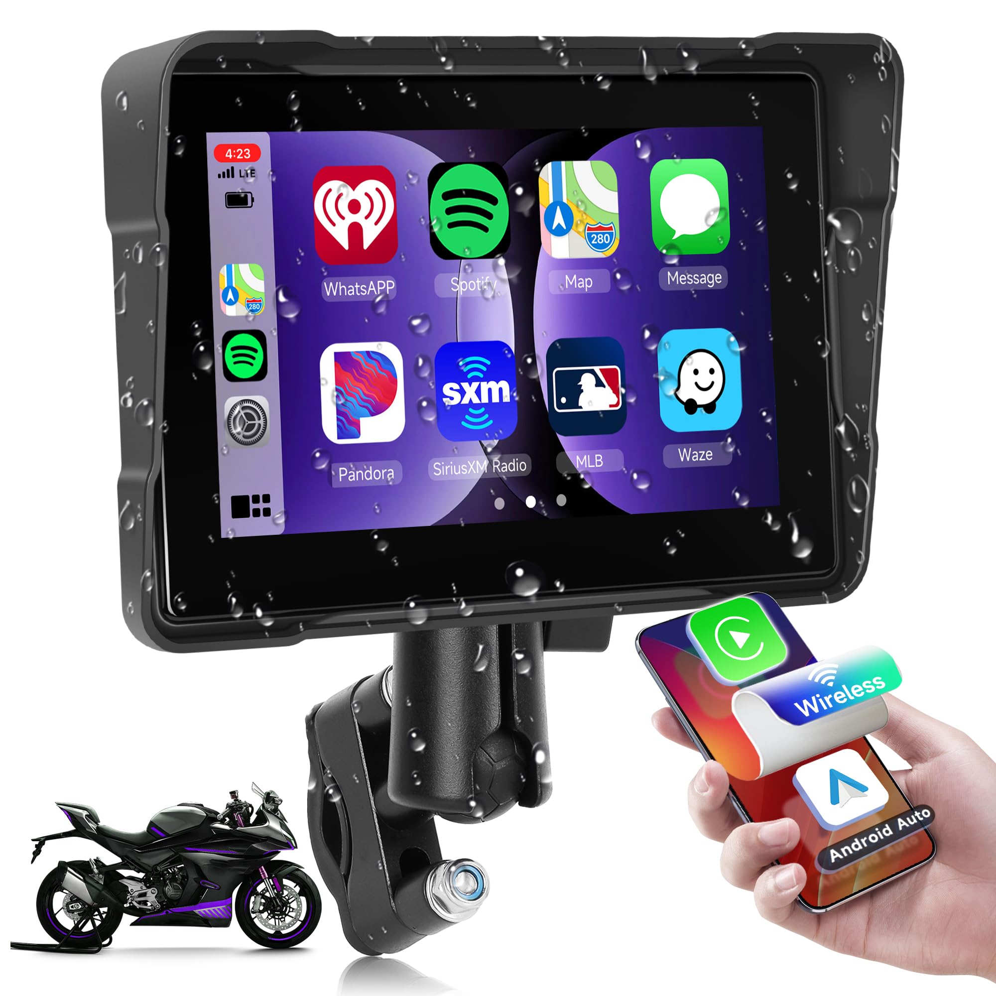 Rimoody CarPlay Écran de moto sans fil étanche 7" Android Auto pour moto, fonction AirPlay et Siri, double Bluetooth pou