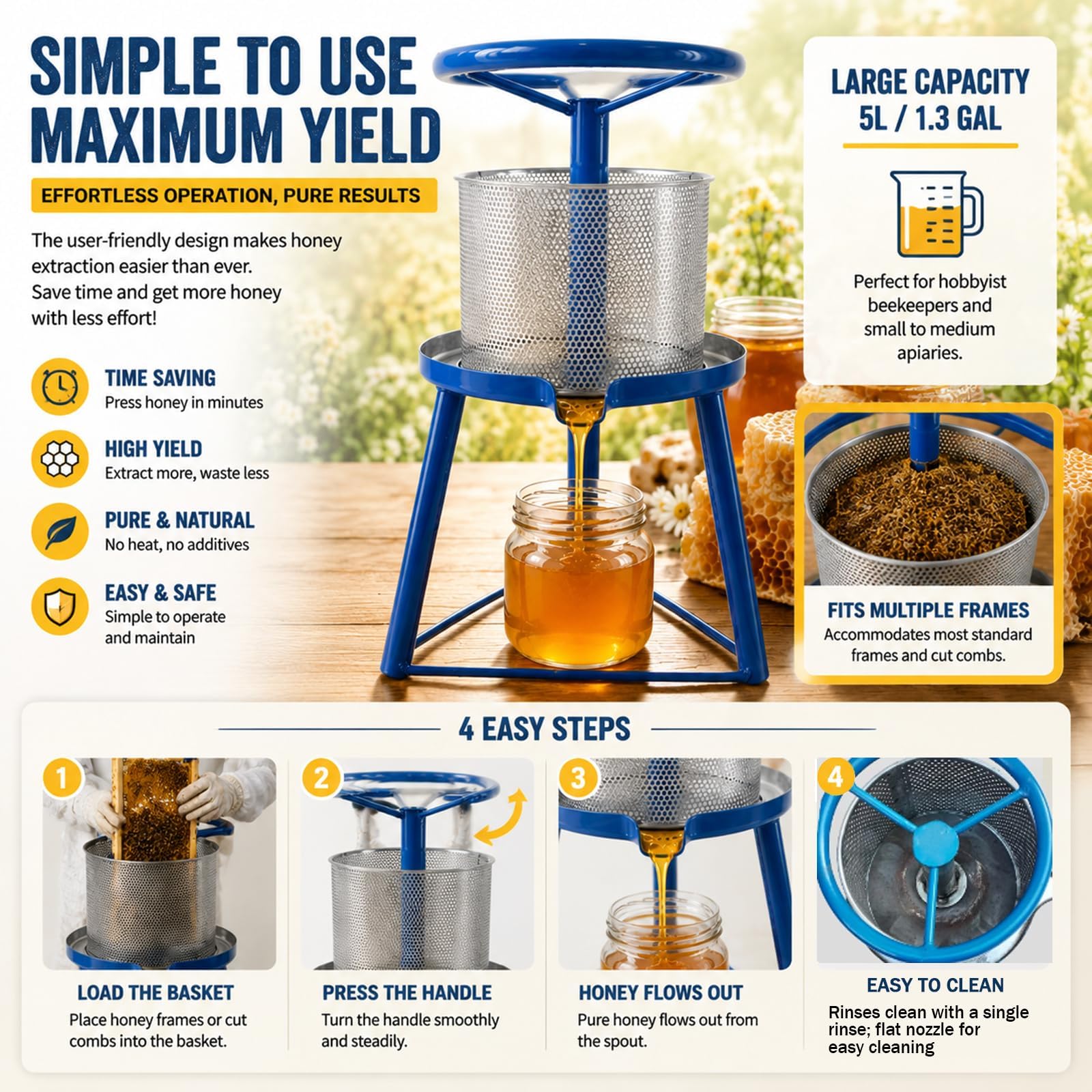 Pressa Manuale da 5 Litri per Cera D'api, Estrattore di Miele, Estrattore di Miele Grezzo, Elevata Resa di Succo, con Base Triangolare, per Cera D'api, Frutta E Verdura