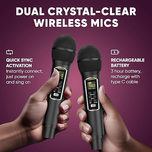 Miniatura 13 de MASINGO Máquina de karaoke para adultos y niños con 2 micrófonos inalámbricos Bluetooth. Sistema de altavoces PA portátil para cantar con luces