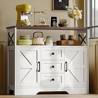 YGEOMER Buffet Cabinet Sideboard Farmhouse Coffee Bar with 3 Drawers and 2 Doors, Wood Kitchen Table Wine Bar Storage Cabi...