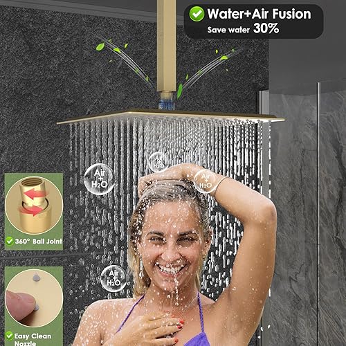 Miniatura 46 de Enga Sistema de ducha de lluvia de oro cepillado con chorros corporales, sistema de chorros de ducha de lluvia de 12 pulgadas, juego de grifo de Oro