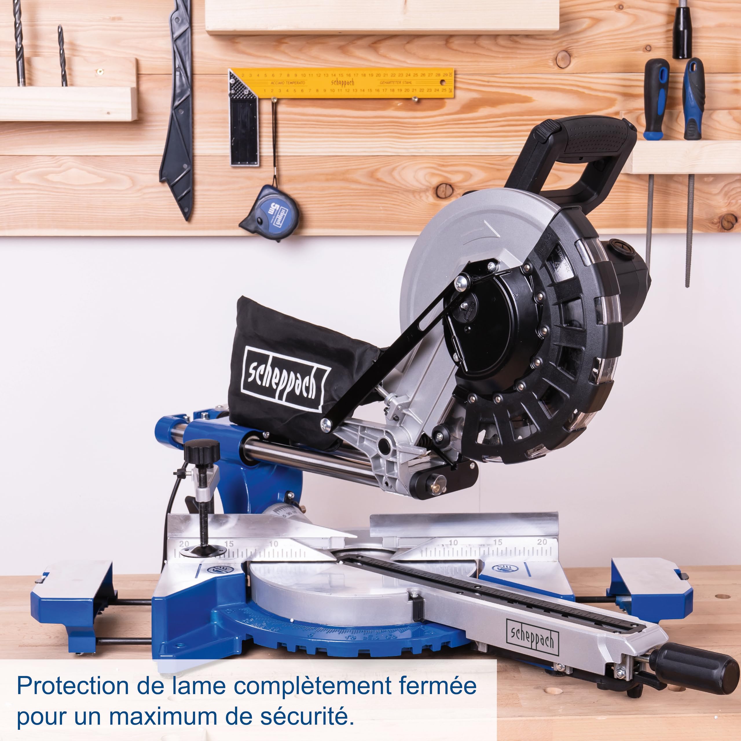 Scheppach Scie à onglets avec démarrage progressif & laser HM254 | 2000W | Lame Ø255mm | Largeur/hauteur de coupe : 340mm x 90mm |Scie radiale | 2ème lame incluse