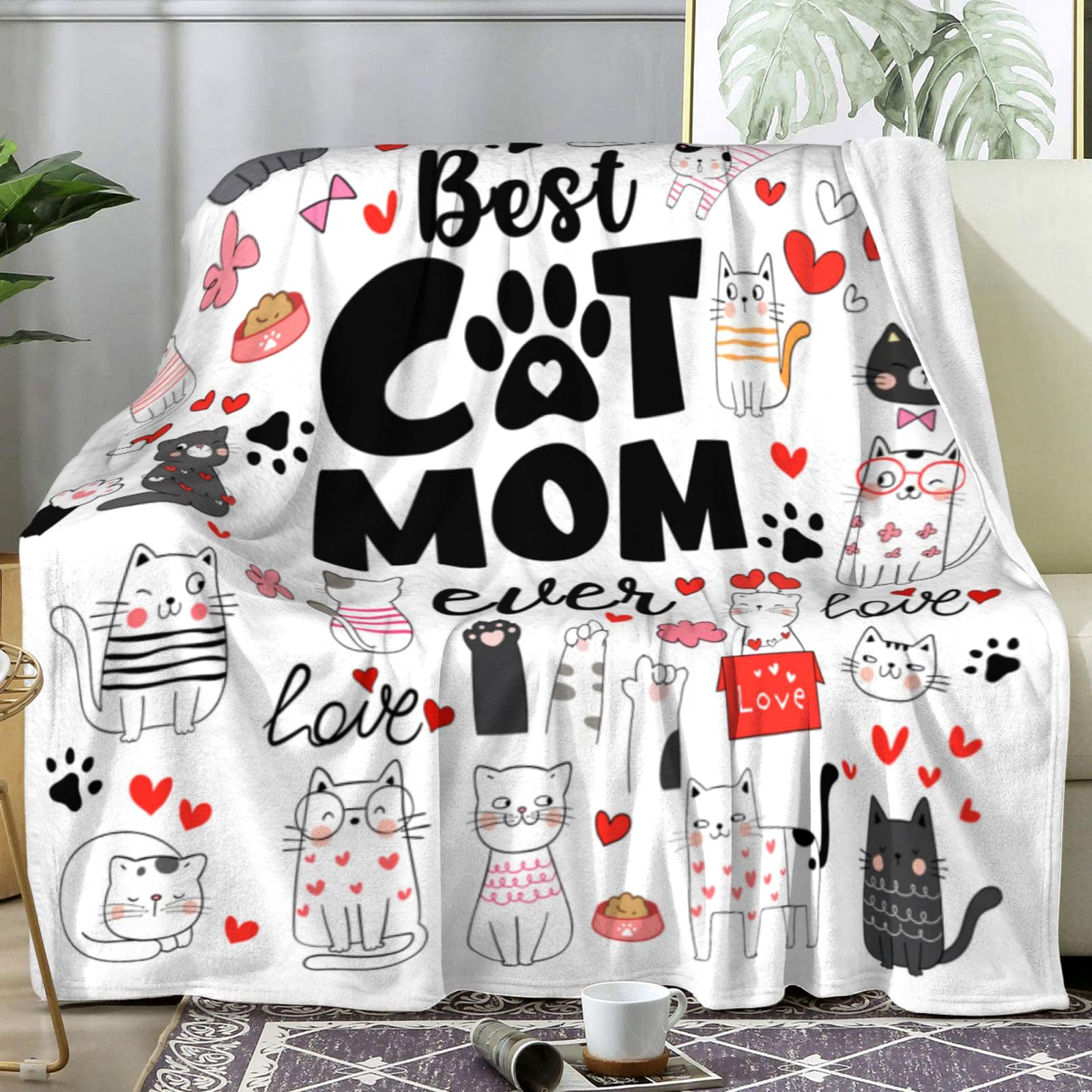 Cat Mom Blanket Just A Girl Who Loves Cats Throw Blanket Gifts for Animals Lovers Soft Flannel Animals Pet Pattern Gift for Kids Adults 50