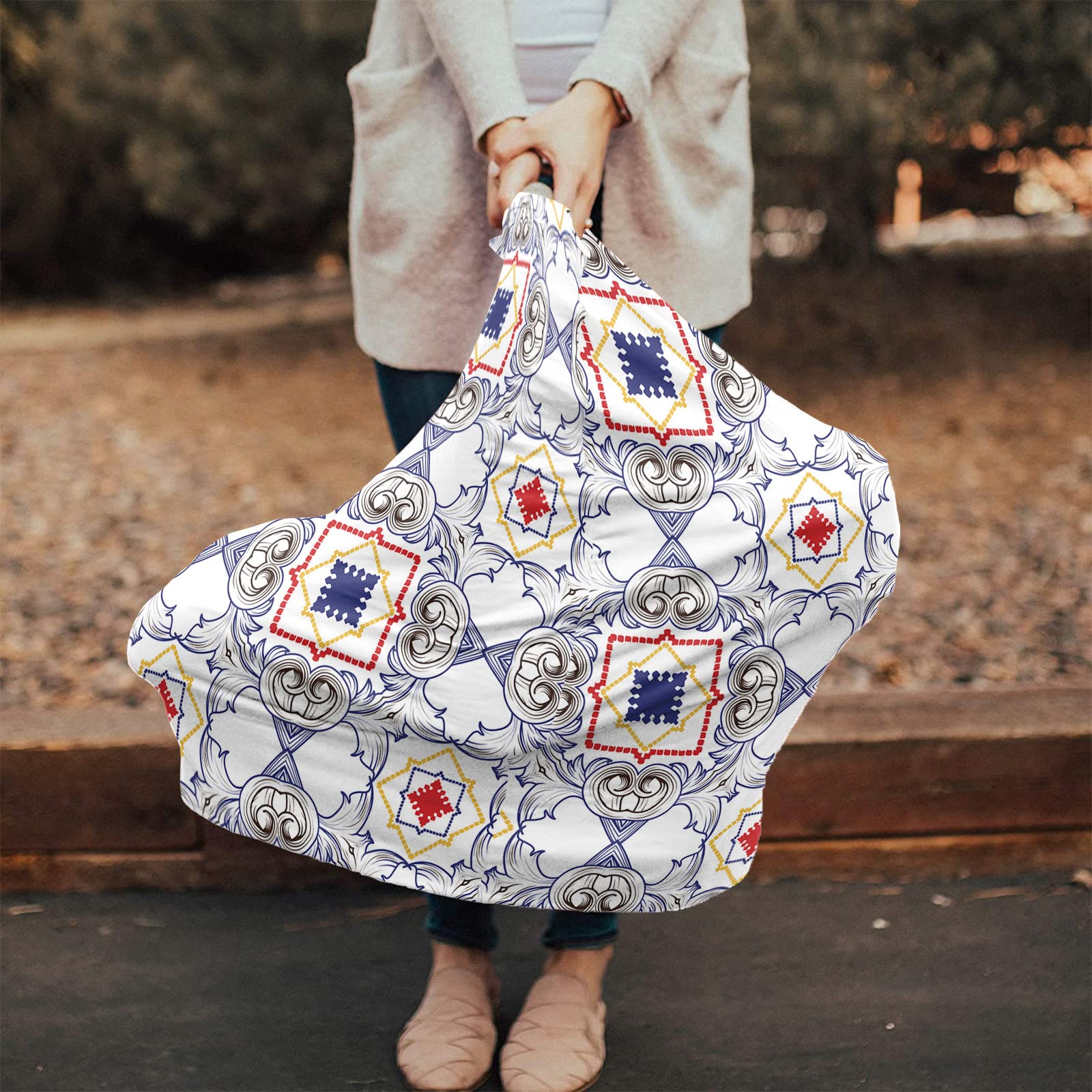 Nursing Cover for Breastfeeding Scarf, Blue Red Square Geometric Baby Car Covers Super Soft Multi Use for Canopy Shopping Cart Cover Blanket Stroller Cover