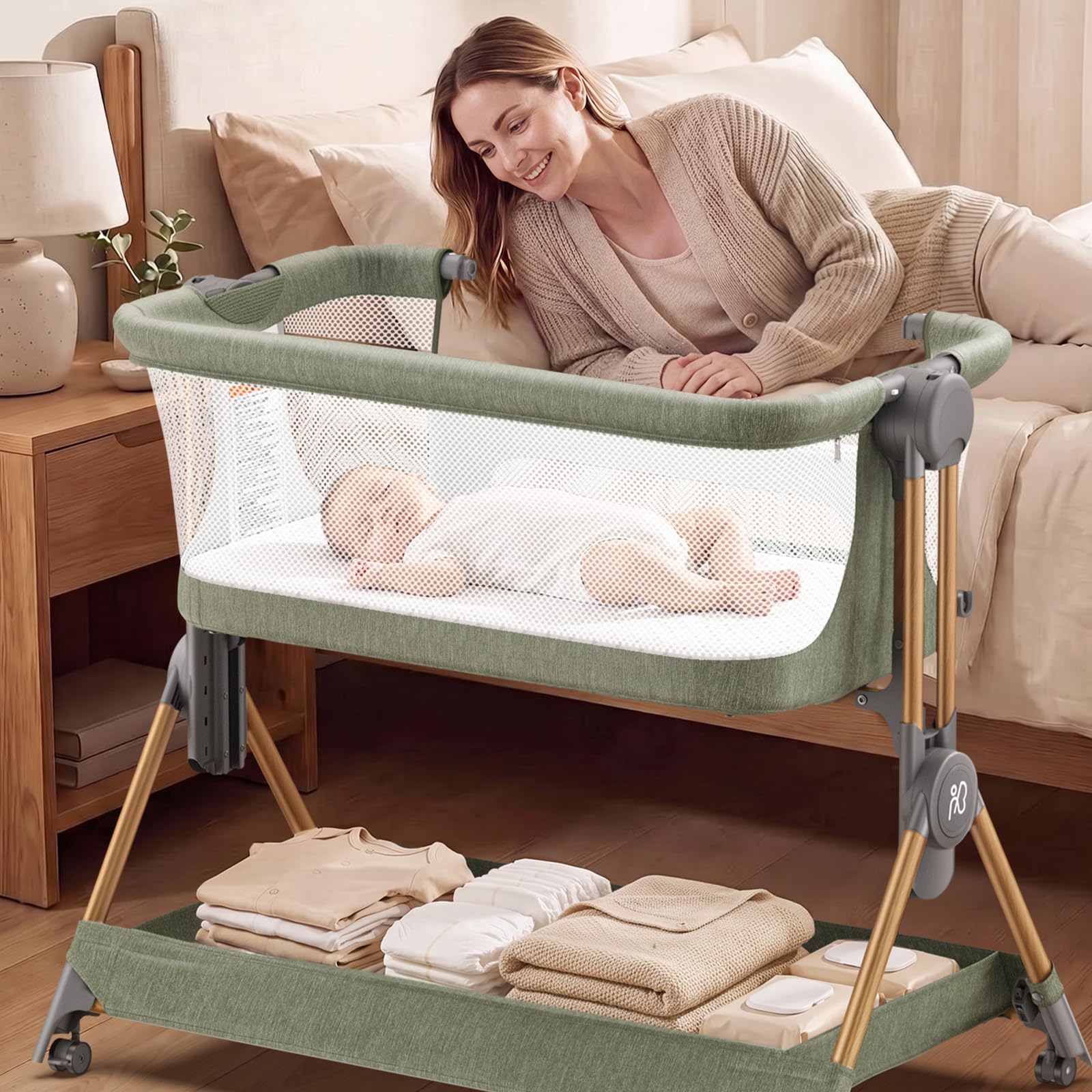 ANGELBLISS Baby Bassinet, 3-in-1 Bedside Sleeper, One-Click Foldable Crib (Green)