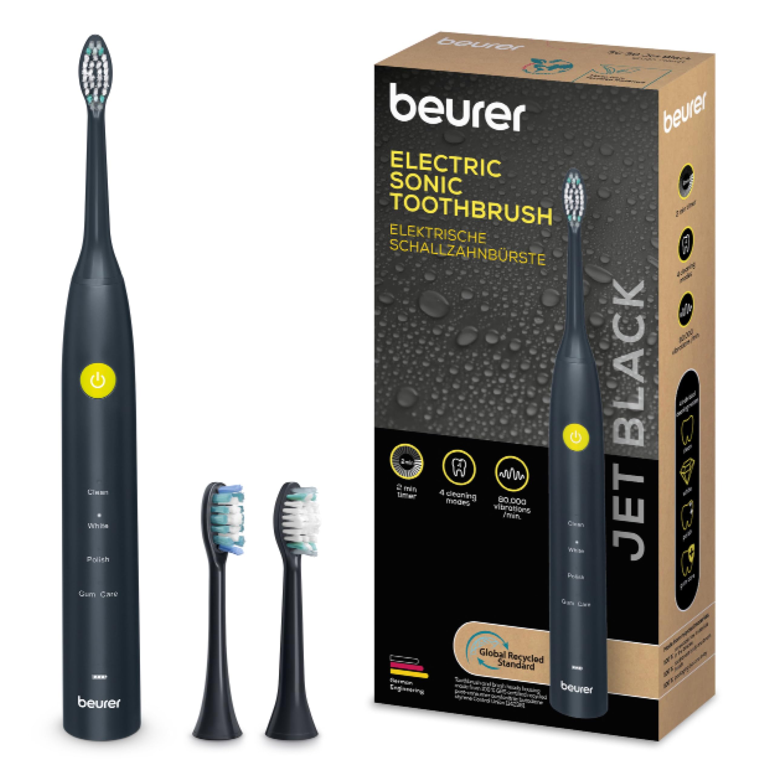 Beurer SC 30 Jet Black Brosse à dents électrique, avec 4 modes de brossage, 80 000 oscillations, minuterie acoustique quadrante et affichage LED, 2 brossettes, boîtier 100% recyclé