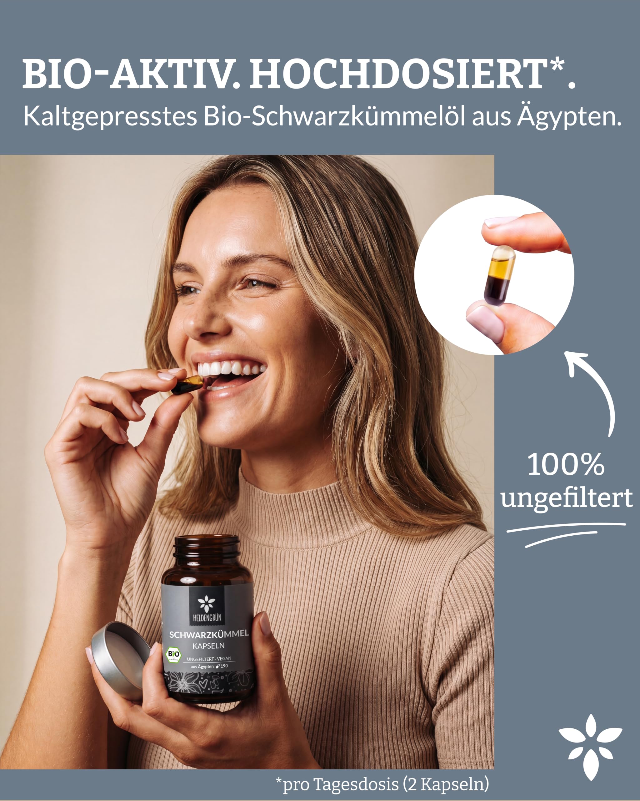 Heldengrün® BIO Schwarzkümmelöl Kapseln [HOCHDOSIERT] 3x190 St. | Kaltgepresst aus Ägypten · 3-Monats-Vorrat pro Dose · Laborgeprüft · vegan & magensaftresistent · Deutsches Startup