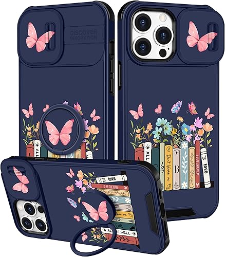 Funda 2 en 1 para iPhone 12 Pro Max para mujeres, linda funda de teléfono con diseño de mariposas y libros de flores, bonito diseño Kawaii con funda