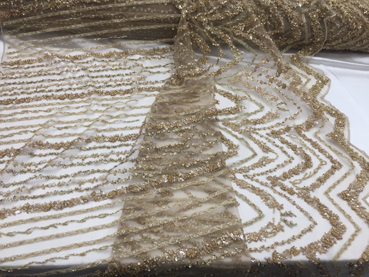 Mesh Lace Fabric Nude-Gold Beaded Bridal Wedding Dress Prom Party Home Decoration Fashion By The Yard