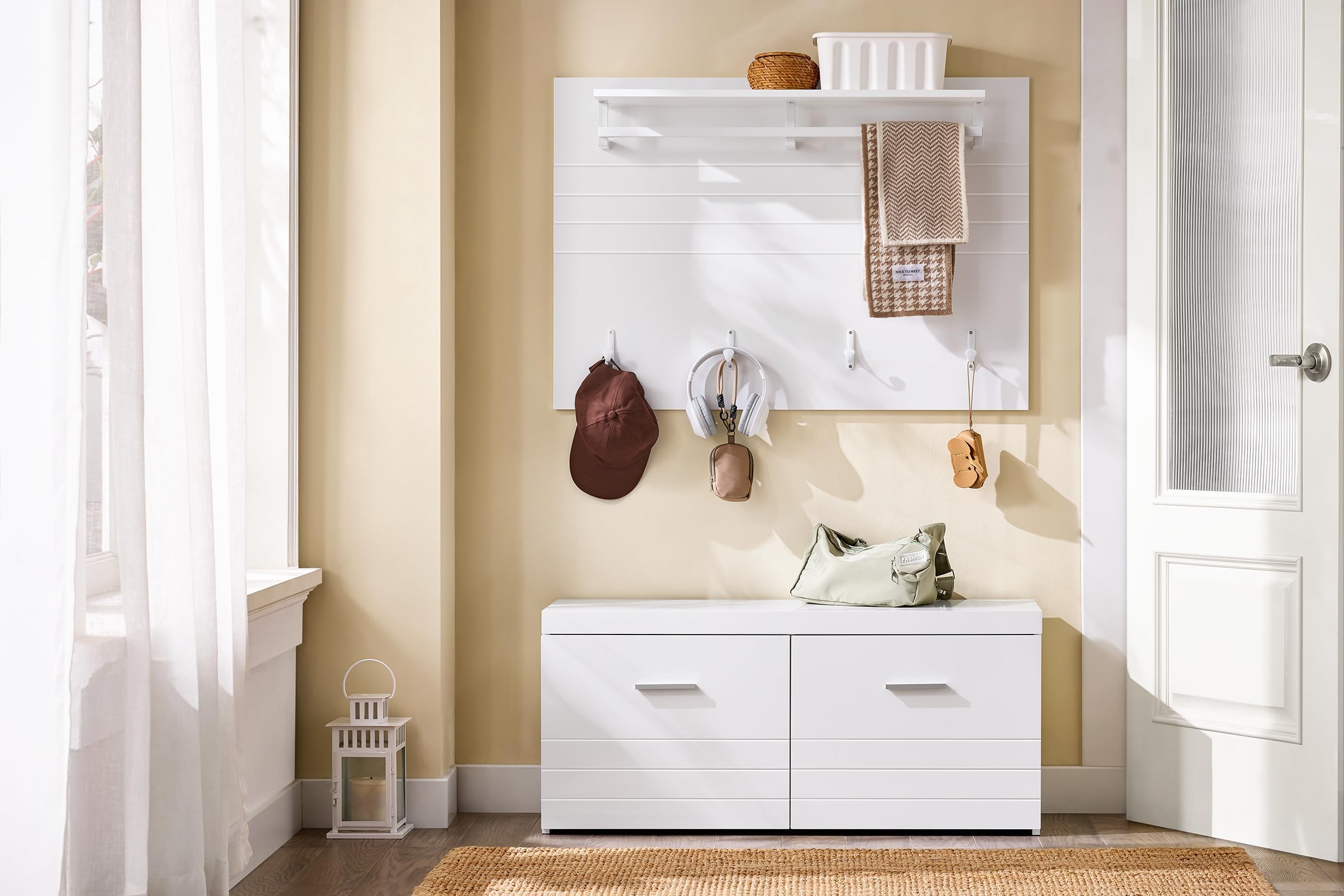 SoBuy Porte manteau mural bois avec patère murale et étagère rangement – Meuble entrée mural multifonction pour salle de bain, cuisine, chambre – Blanc 100x20x70cm, Charge 21kg, FHK36-W