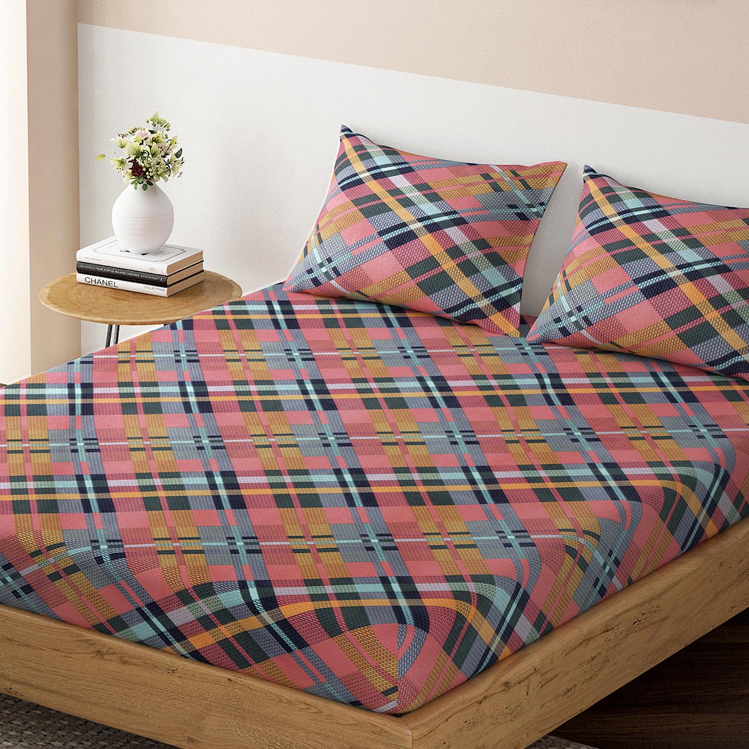 HOKIPO Cotton Feel Brushed Microfiber 145 GSM Fitted Bedsheets Queen Size Double Bed, 78 x 60 inches with 2 Pillow Cover, Moroccan Caspian Blue (IN-775-D8) (B0D1FVYLHN) Amazon Price History, Amazon Price Tracker