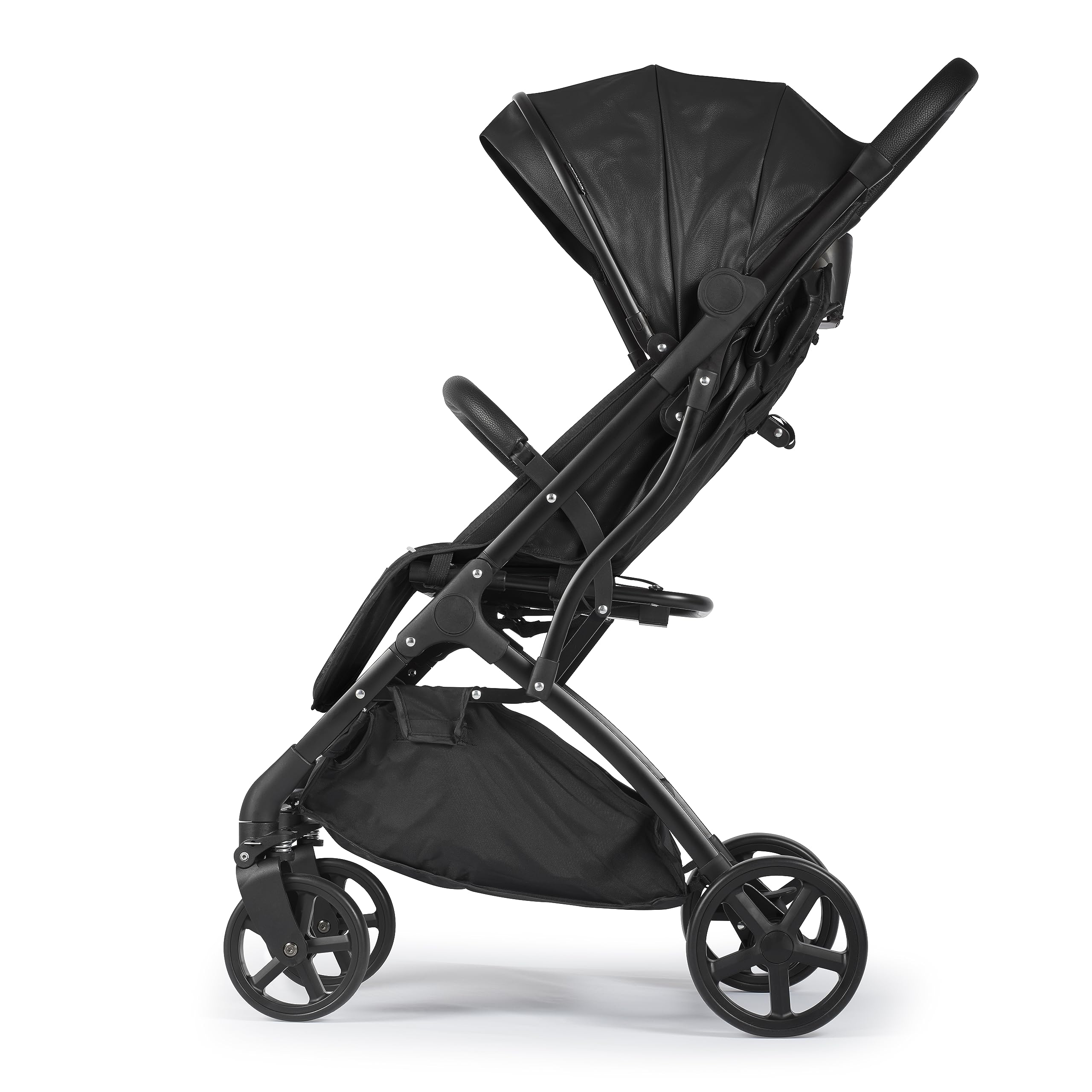 Lejoux Poussette bébé – Poussette de voyage légère pliable harnais 5 points, dossier de siège réglable et panier surdimensionné pliable 1 main – Roues pivotantes lisses Housse de pluie en cuir noir