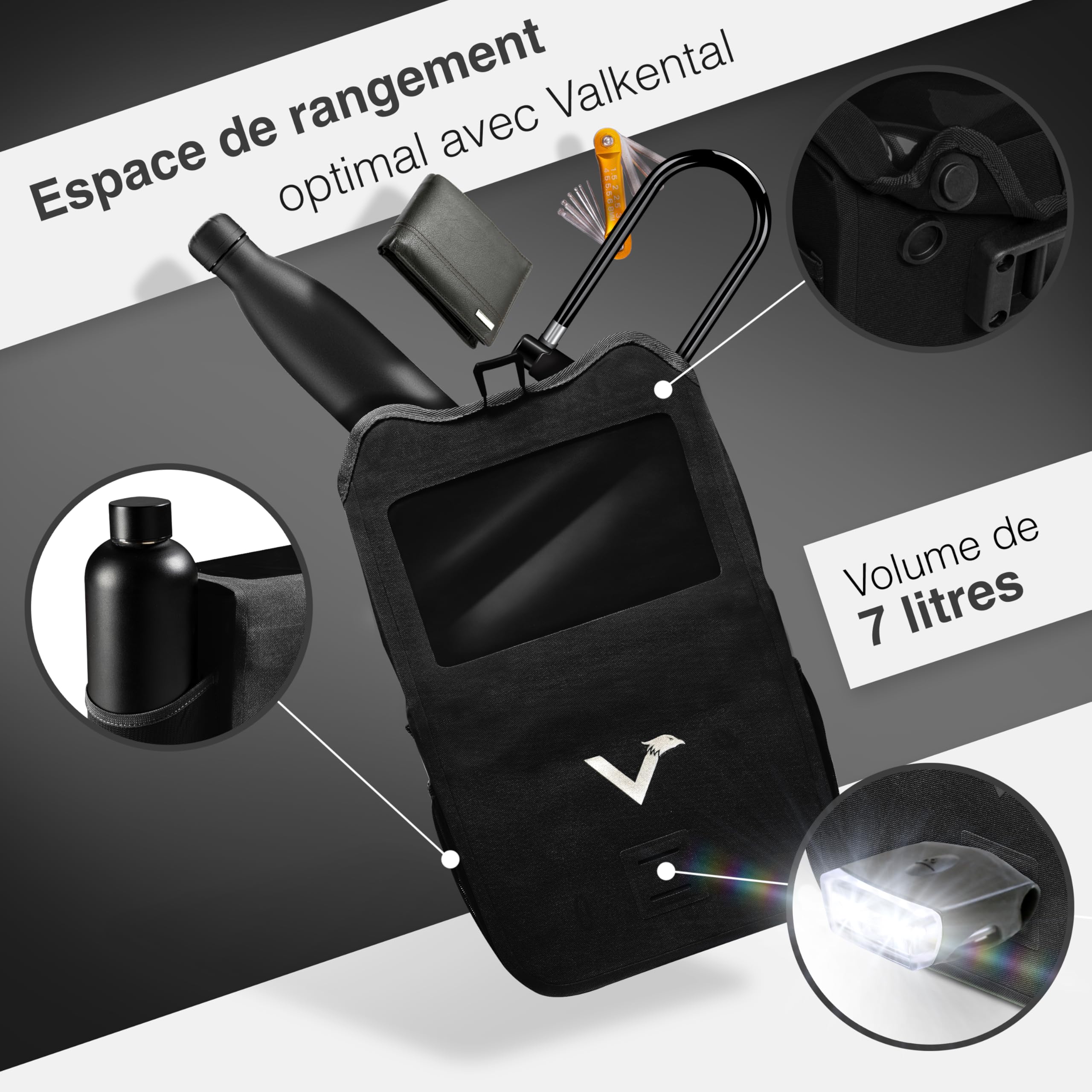 Valkental® x KLICKfix® - Sacoche de Guidon Étanche, 7L, Sac de Vélo Robuste avec Fermeture Magnétique et Compartiment pour Téléphone