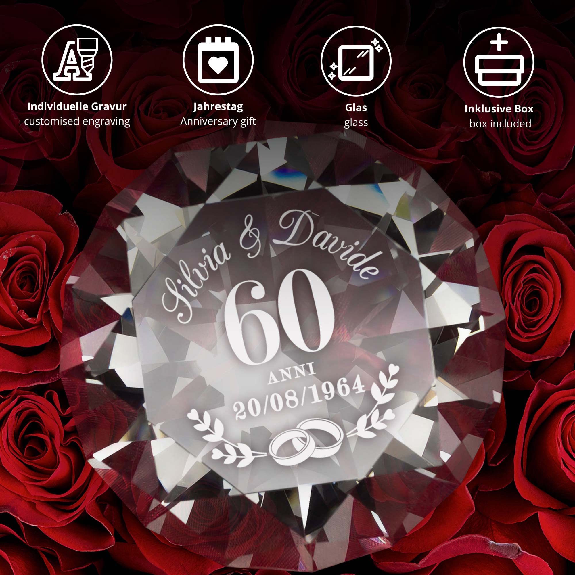 Casa Vivente Cristallo in Vetro a Forma di Diamante, Incisione Personalizzata 60° Anniversario di Nozze con Nomi e Data, Accessori Decorativi Casa