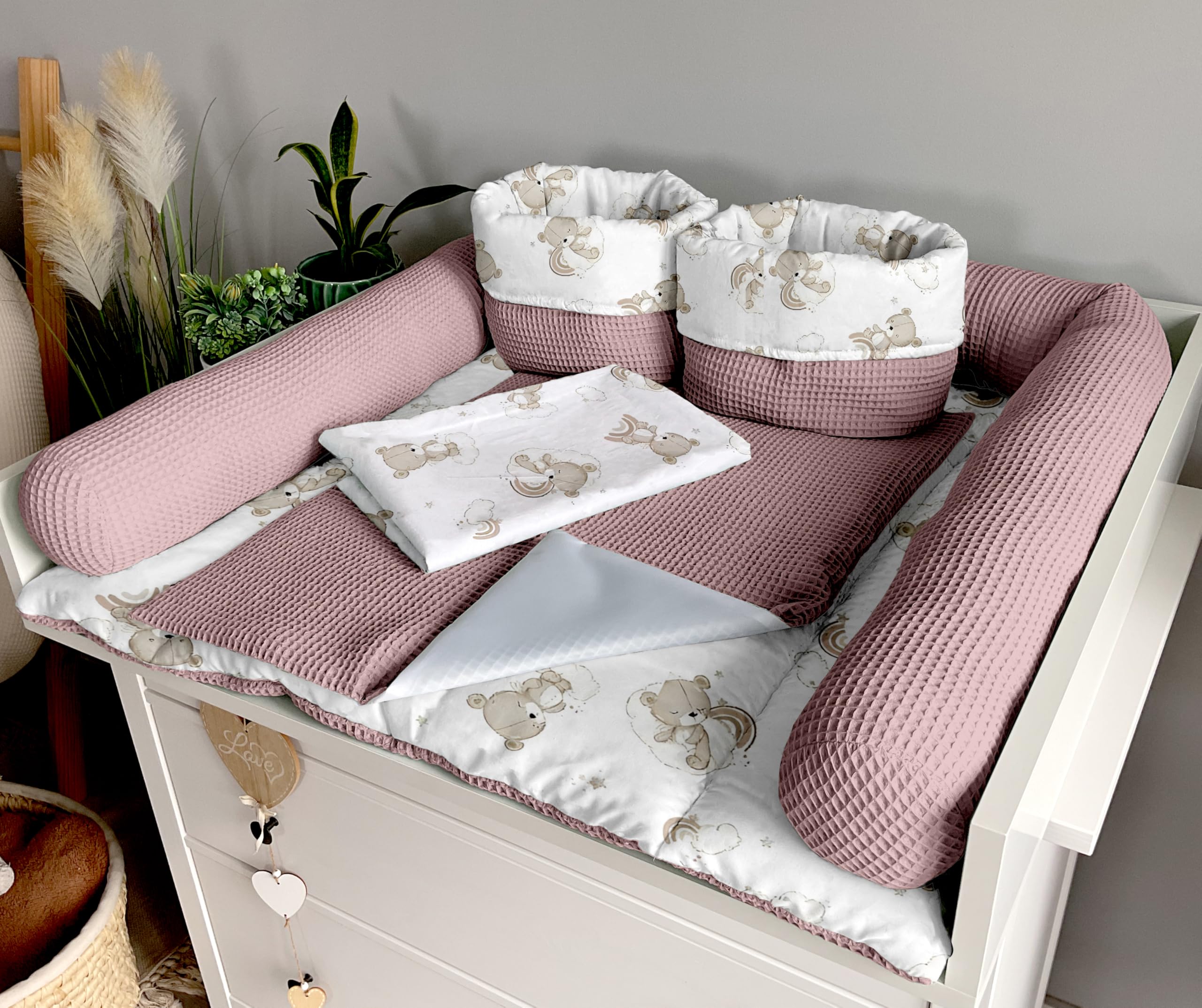 Wickelauflage Set 6-teilig – Wickelunterlage aus Baumwolle & Waffelstoff – Baby Wickelauflage – Geschenk zur Babyparty – Wickeltischauflage – 85x75 cm (Breite x Tiefe), Teddy und rosa