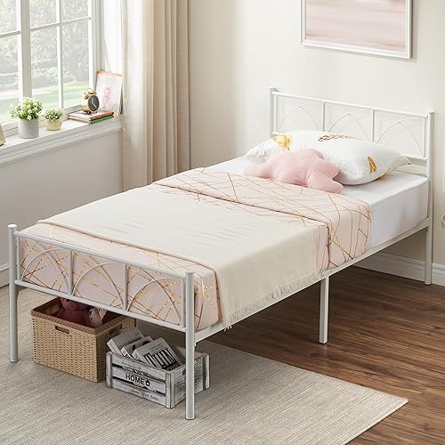 Miniatura 5 de GAOMON Marco de cama de hierro moderno y elegante con cabecera y estribo, estructura de soporte firme, marco de cama de plataforma de metal, no