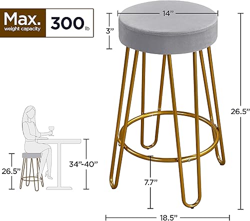 Miniatura 3 de Yaheetech Taburete redondo para encimera de cocina, taburetes de bar con patas doradas, asiento tapizado de terciopelo para cocina/comedor, gris,