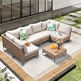 7 Piece Wicker Patio Furniture Set,Outdoor Conversation Sectional Sofa w/Coffee Table,All-Weather Outdoor Sofa with Thick and Anti-Slip Cushions for Deck,Poolside,Garden,Beige