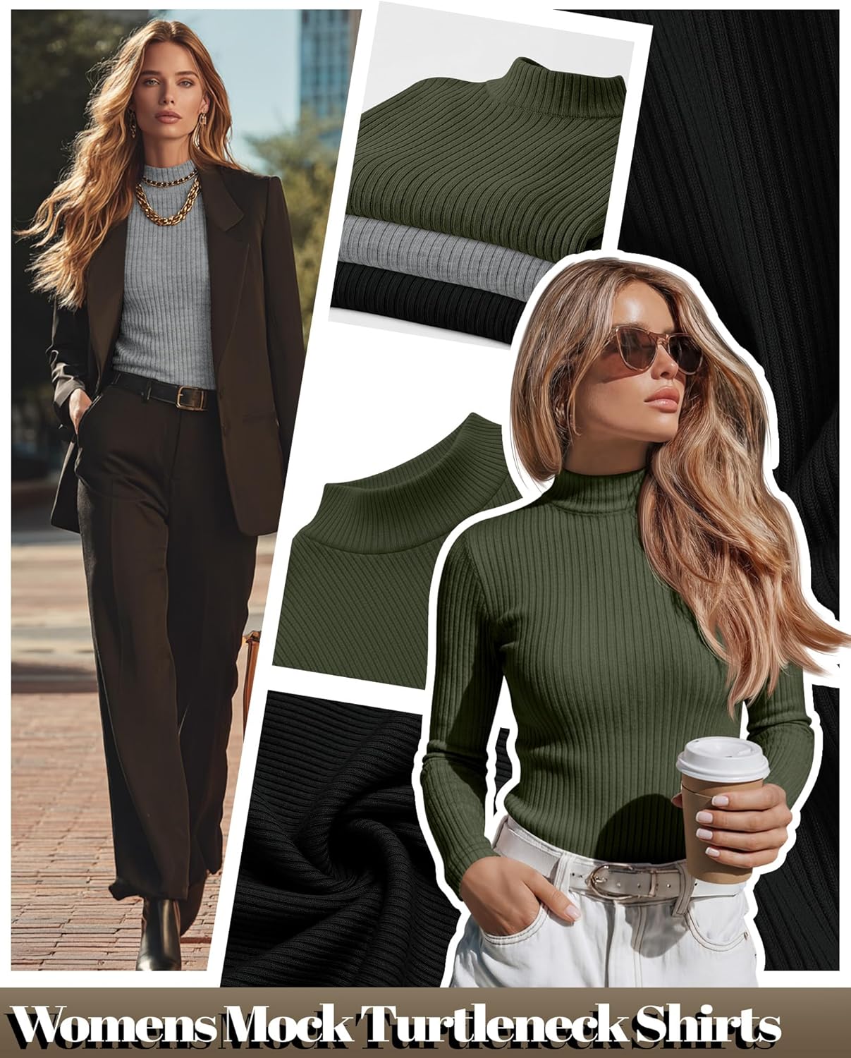 Riyiper 3 Pack Women's Ribbed Shirts, Mock Turtleneck Long Sleeve Tops Slim Fitted Undershirts Casual Basic Layering Tees - Image 5