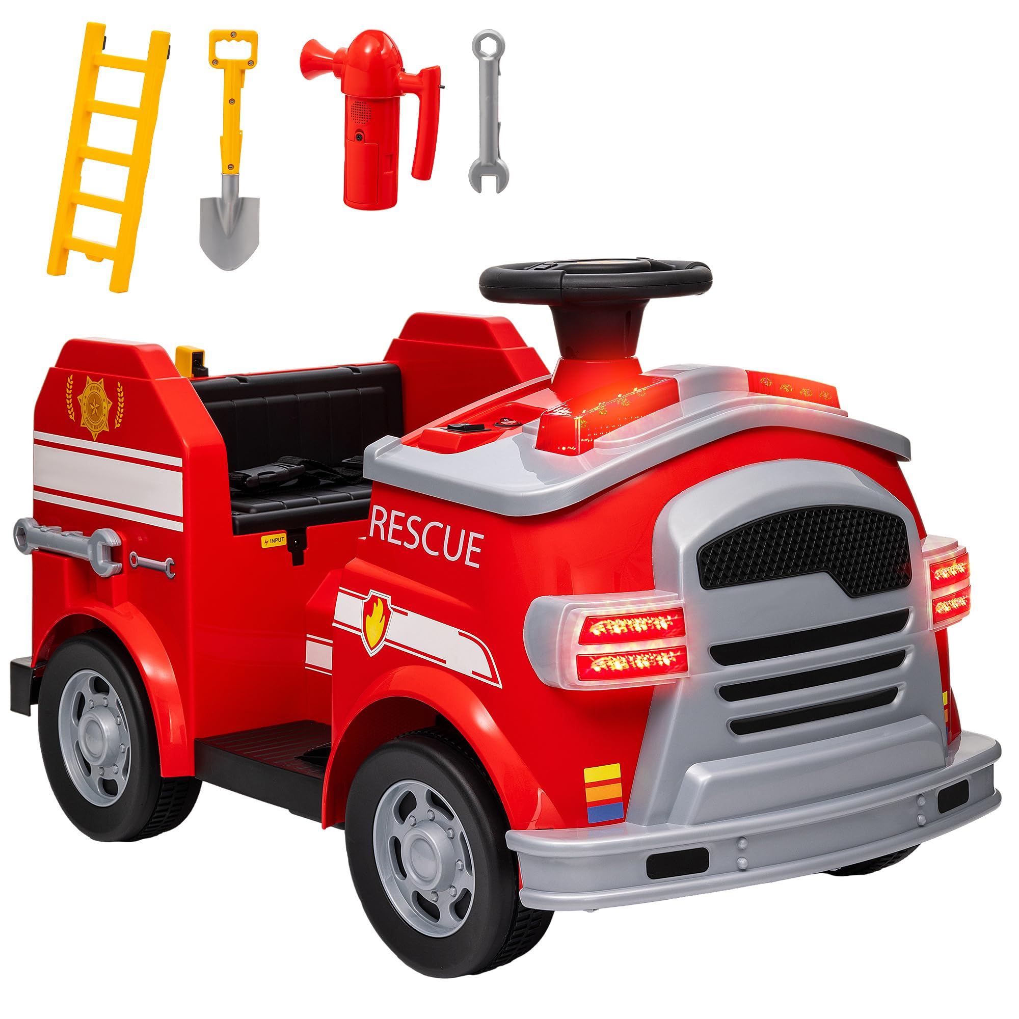 AIYAPLAY Kinder Elektroauto 12V Kinderauto Elektrisch für 3-5 Jahre Rot | Hupe, Musik, Sirene, Warnlampe, Elektrofahrzeug mit Scheinwerfer, Sanftanlauf, Kinder Feuerwehrauto, 3 km/h