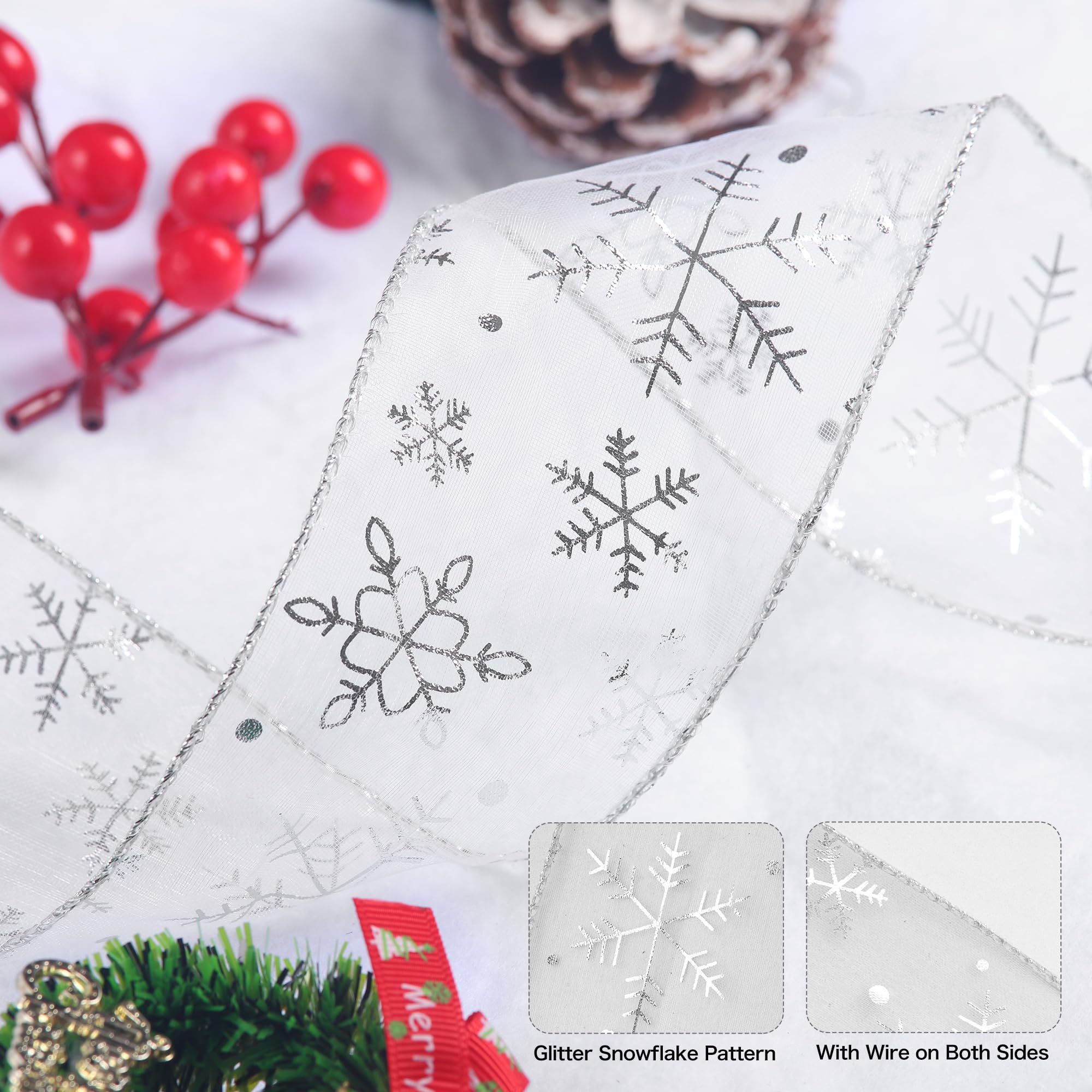 Christmas Ribbon,2.5 Inch x 11 Yards White Organza Ribbon,Glitter Snowflake Wired Ribbon for Christmas Tree Decoration, Gift Wrapping,DIY Crafts,Home Wedding Party Decoration - Image 2