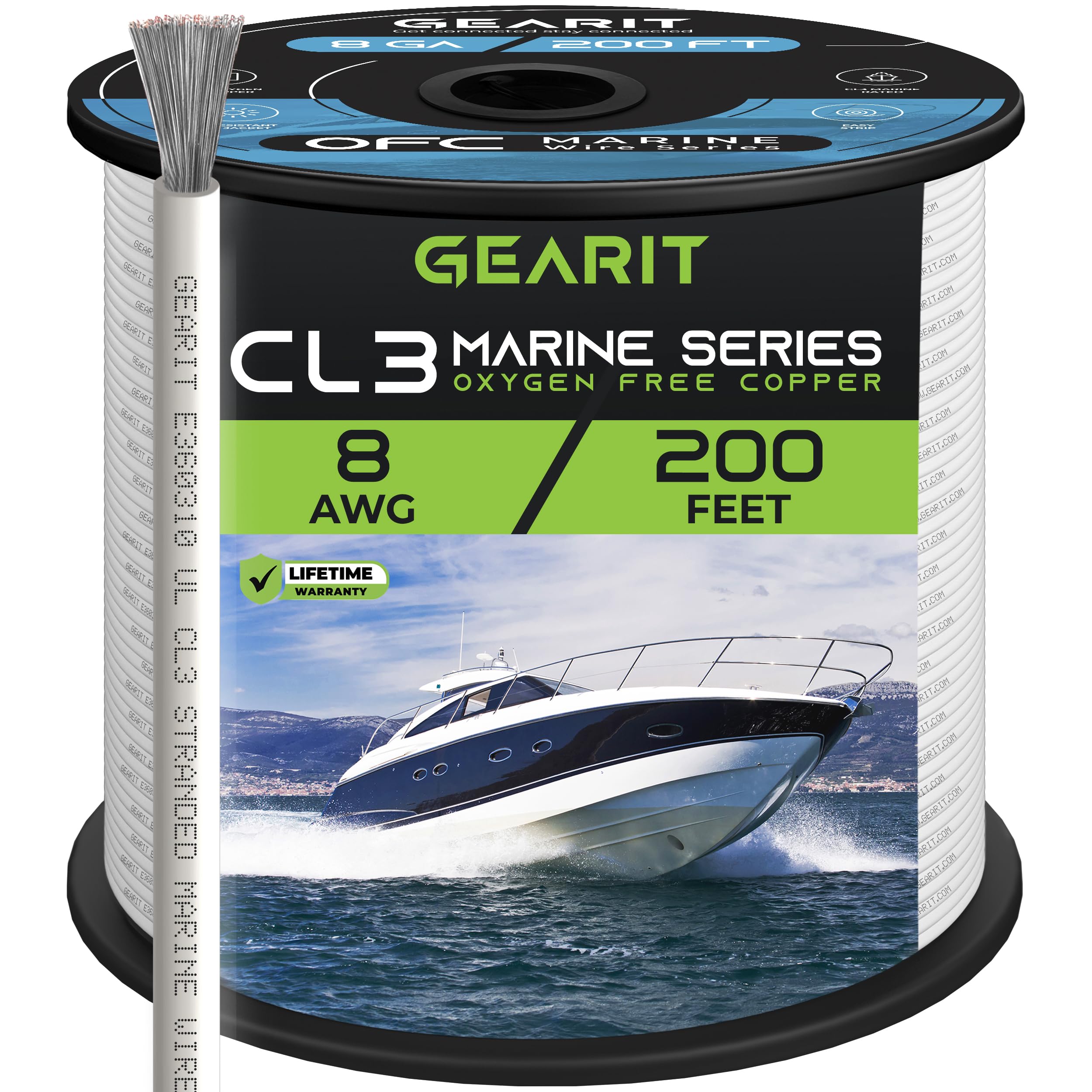 GEARit 8 Gauge Marine Wire (200ft) 8 AWG Primary Wire Cable, Tinned Oxygen-Free Copper OFC - Boat/Marine/Automotive/RV/Camper/Trailer/Solar/Outdoor - White 200 Feet