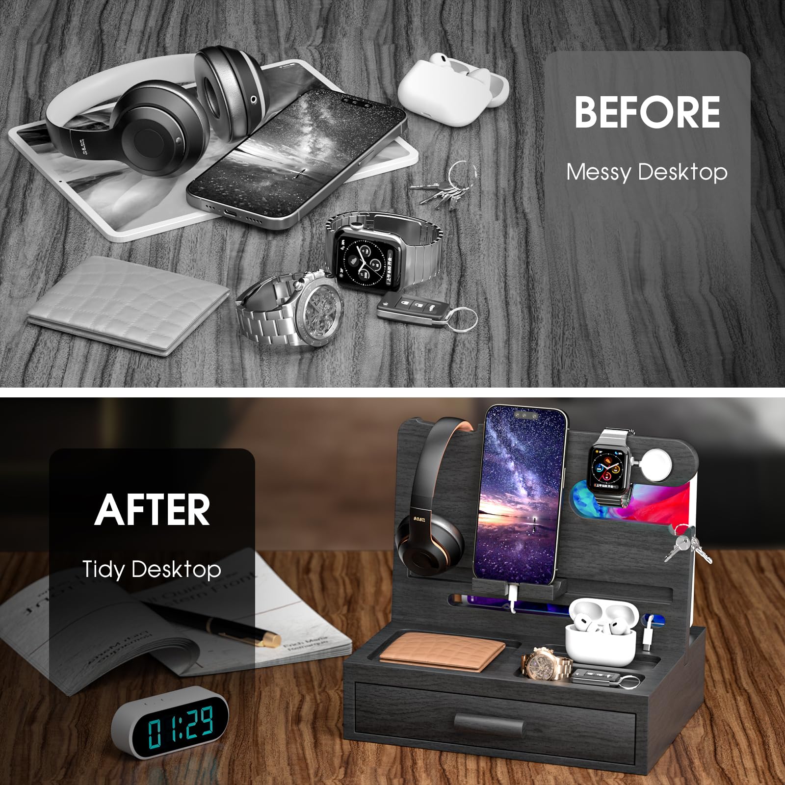 Sephyroth Docking station per telefono in legno con cassetto, organizer multifunzionale per telefoni, tablet e accessori, per uomini, padri, fidanzati (nero)