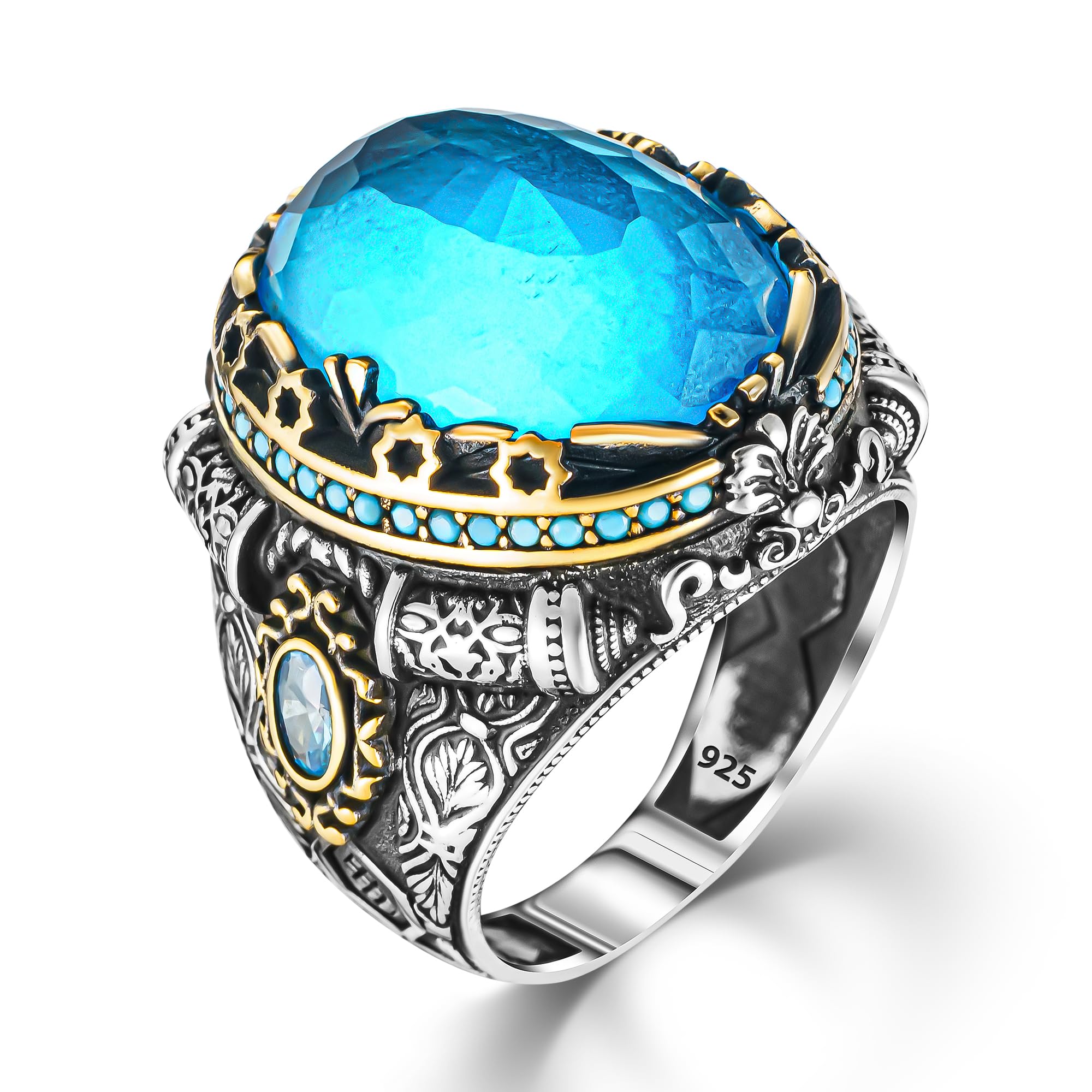 TAKILINGOAquamarine Gemstone 925 Men Silver Ring with Turquoise Stones, Handmade Mens Silver Ring,Turkish Man Silver Ring, Sterling Silver Ring for Men, Gift for Him