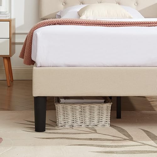 Miniatura 7 de VECELO Base de cama tamaño individual tapizada con cabecera ajustable copetudabase de colchón con soporte de listones de madera, fácil montaje, beige