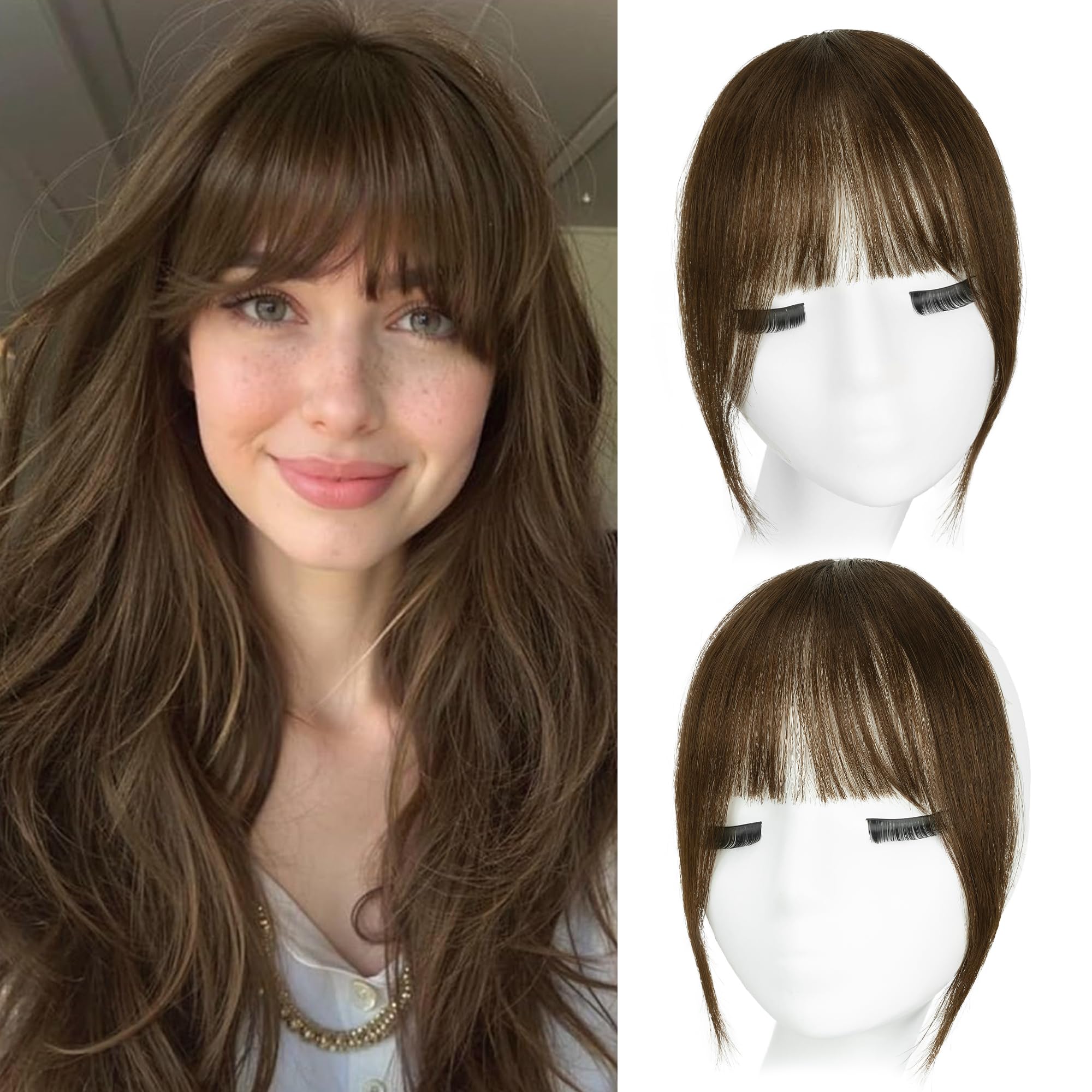 Photo 1 of Yorda Bangs Hair Clip 100% Human Hair Clip in Bangs Fringe with Temples Wispy/French Bangs for Women Natural Looking for Daily Use (French Bangs, Medium Brown)