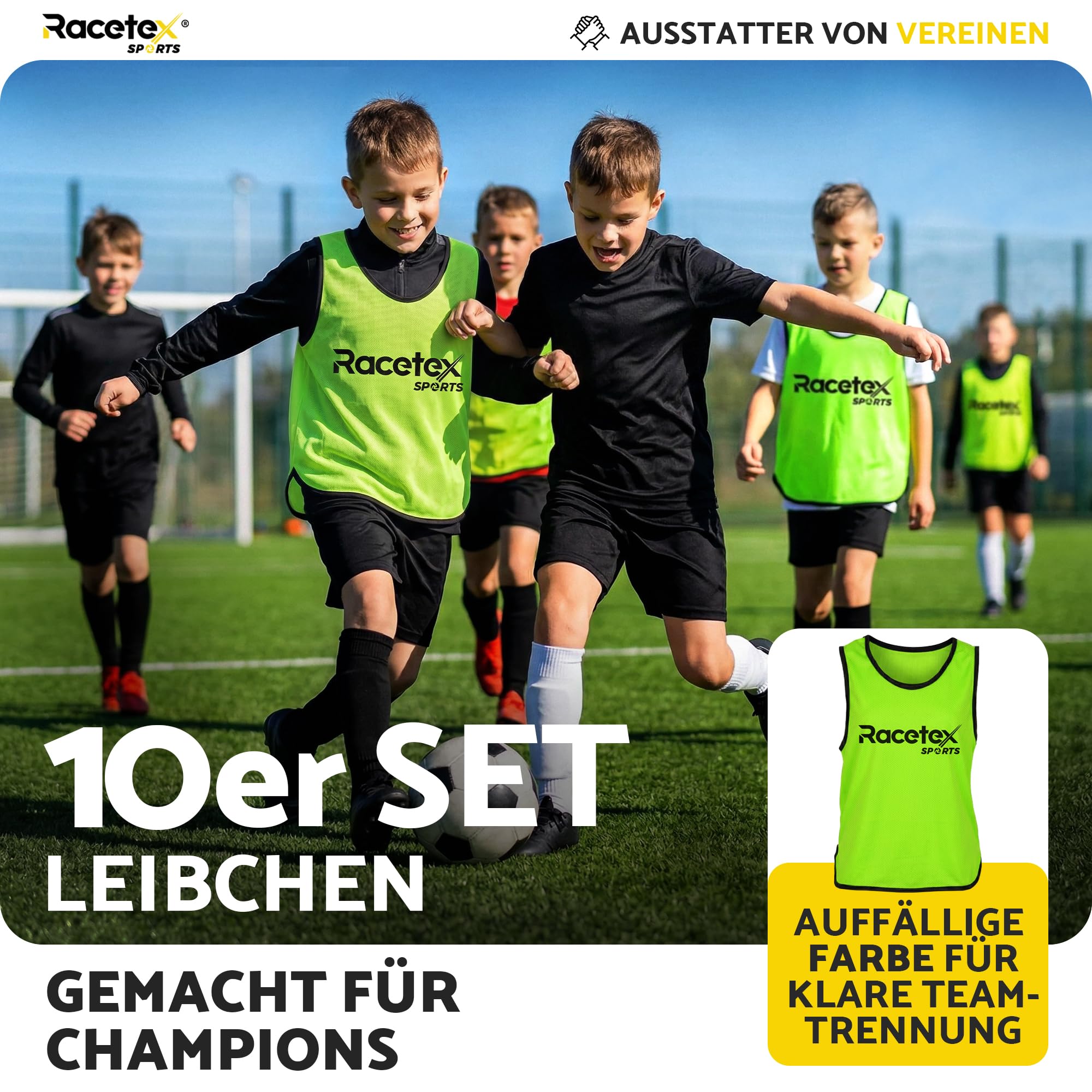 Racetex Leibchen Fussball Kinder und Herren 10er Set – Leibchen Fussball Herren und Damen – Leibchen Kinder mit atmungsaktives Mesh, leuchtende Farbe inkl. Netzbeutel für mühelose Mitnahme