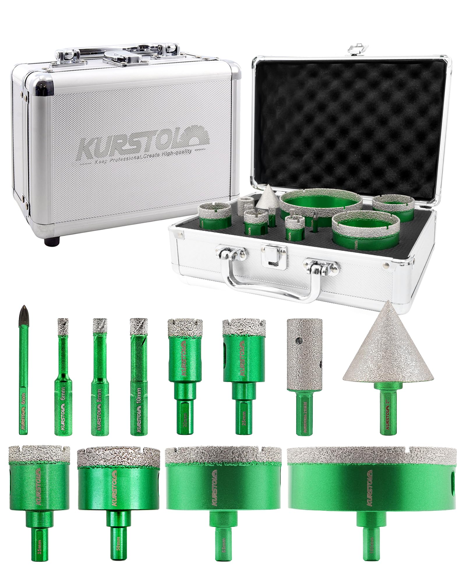 Diamond Tile Hole Saw Kit 13pcs - KURSTOL 6/8/10/20/25/35/50/68/100mm+20mm Finger Bit+50mm Chamfer Bit+6mm Carbide Drill Bit with Triangle Shank for Tile Porcelain Ceramic Granite Marble