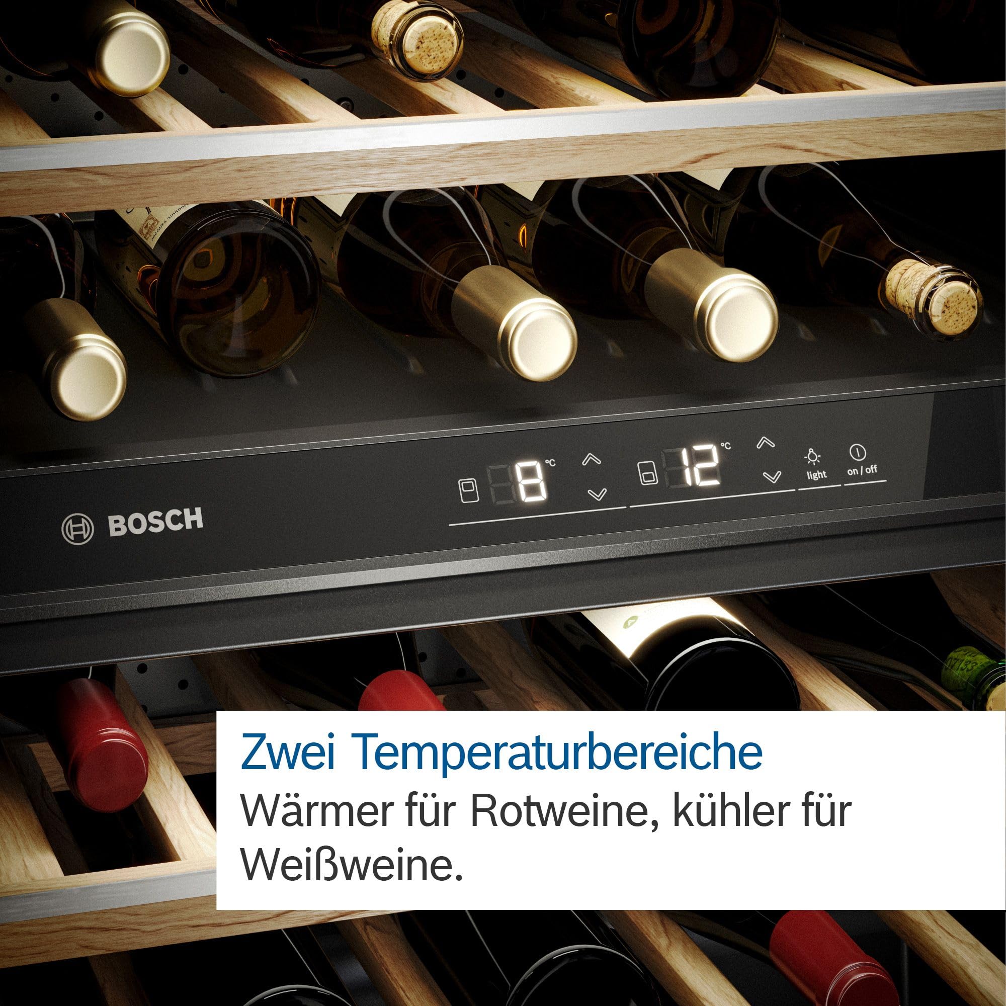 Bosch KWK16ABGB - Frigorifero per vino serie 6, 81,8 x 60 cm, 44 bottiglie, temperatura: 5 – 20 °C, due zone di temperatura, 120 l, due intervalli di temperatura; illuminazione a LED; scaffali in