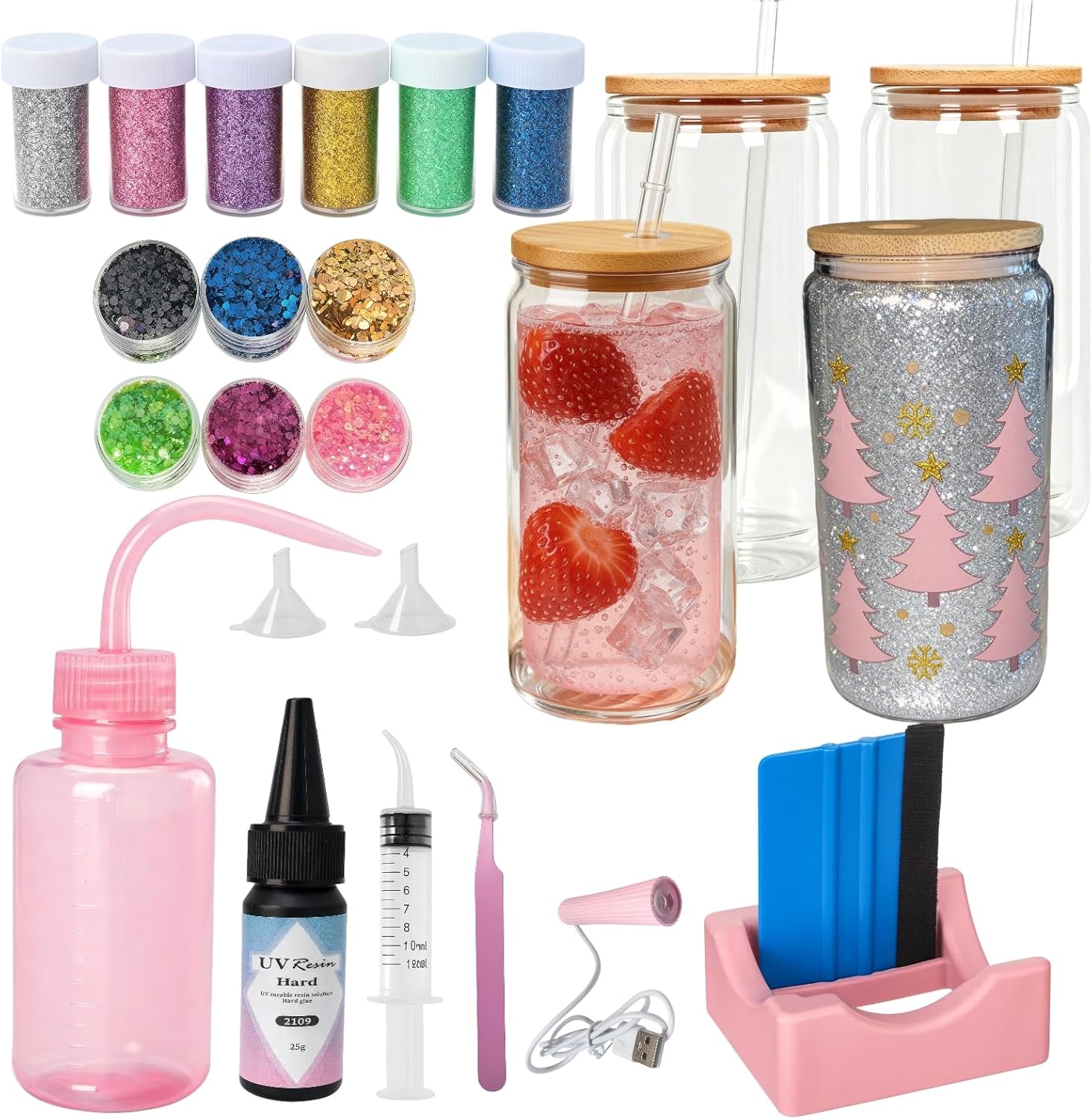 SIECCY Snow Globe Tumbler Kit – 4 Pack 16oz Snow Globe Cups, Pre-Drilled Double Wall Glass, Bamboo Lids, Straws, 13 Glitter Colors, Funnels, Bent Syringe, UV Resin