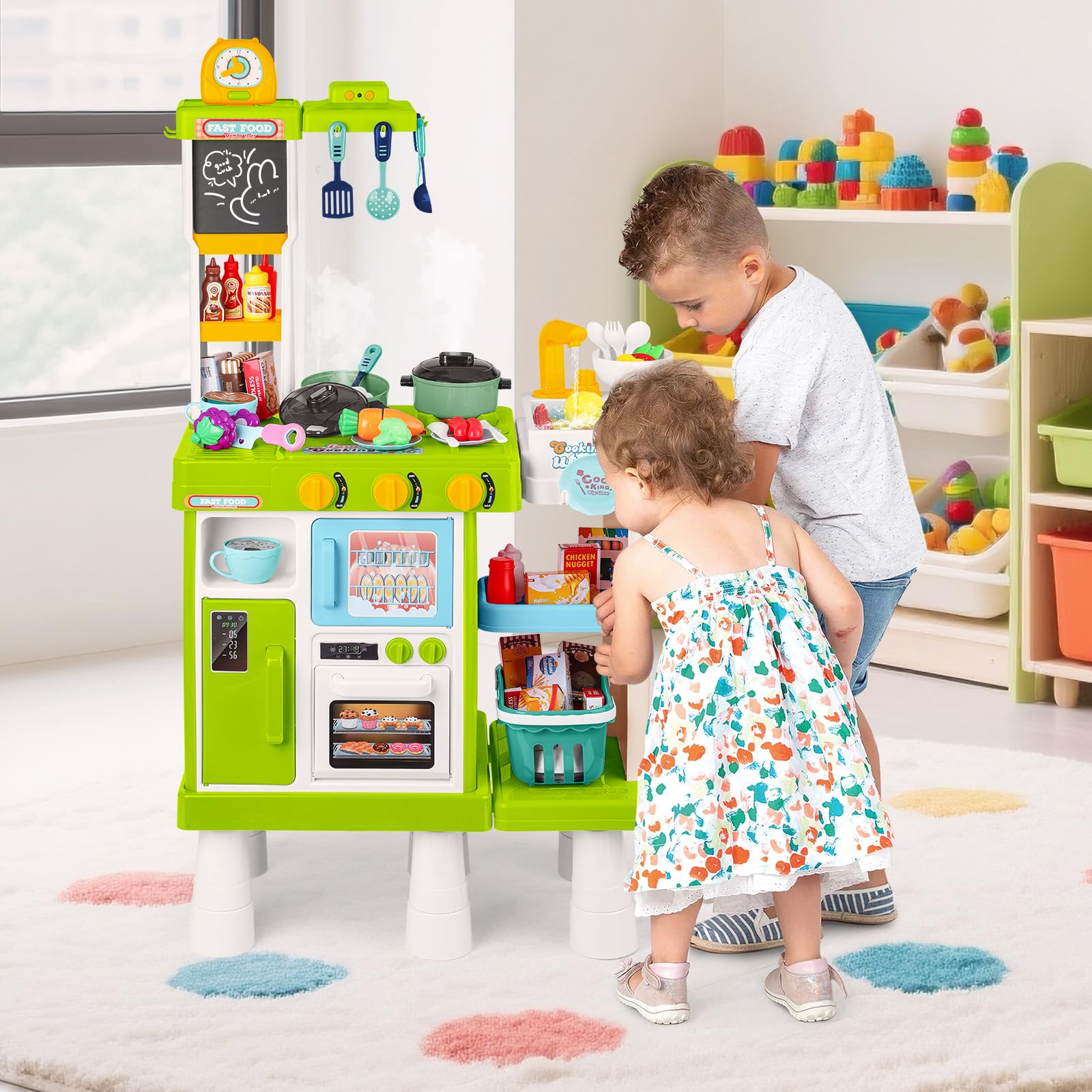 deAO Cucina Giocattolo per Bambini - 54PCS Altezza Regolabile Doppio Lato Gioco di Ruolo da Cucina con Luce Suono Acqua Vapore Frigorifero Lavastoviglie e Accessori | Verde