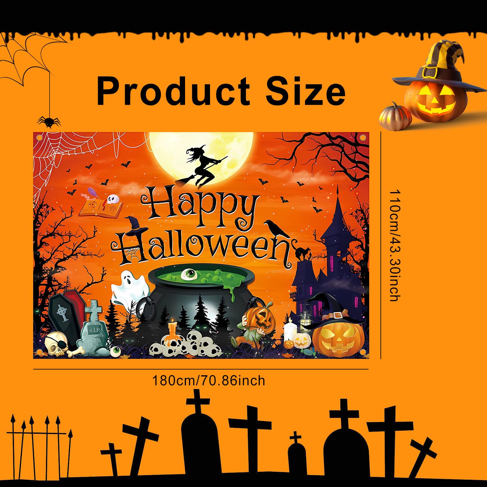 Happy Halloween Skull Party Banner for Halloween Decoration,Ghost Castle Pumpkin Lantern Photography Background Night Castle Back Horror Moon Cemetery Outdoor Party Bunting Booth Props - Image 2
