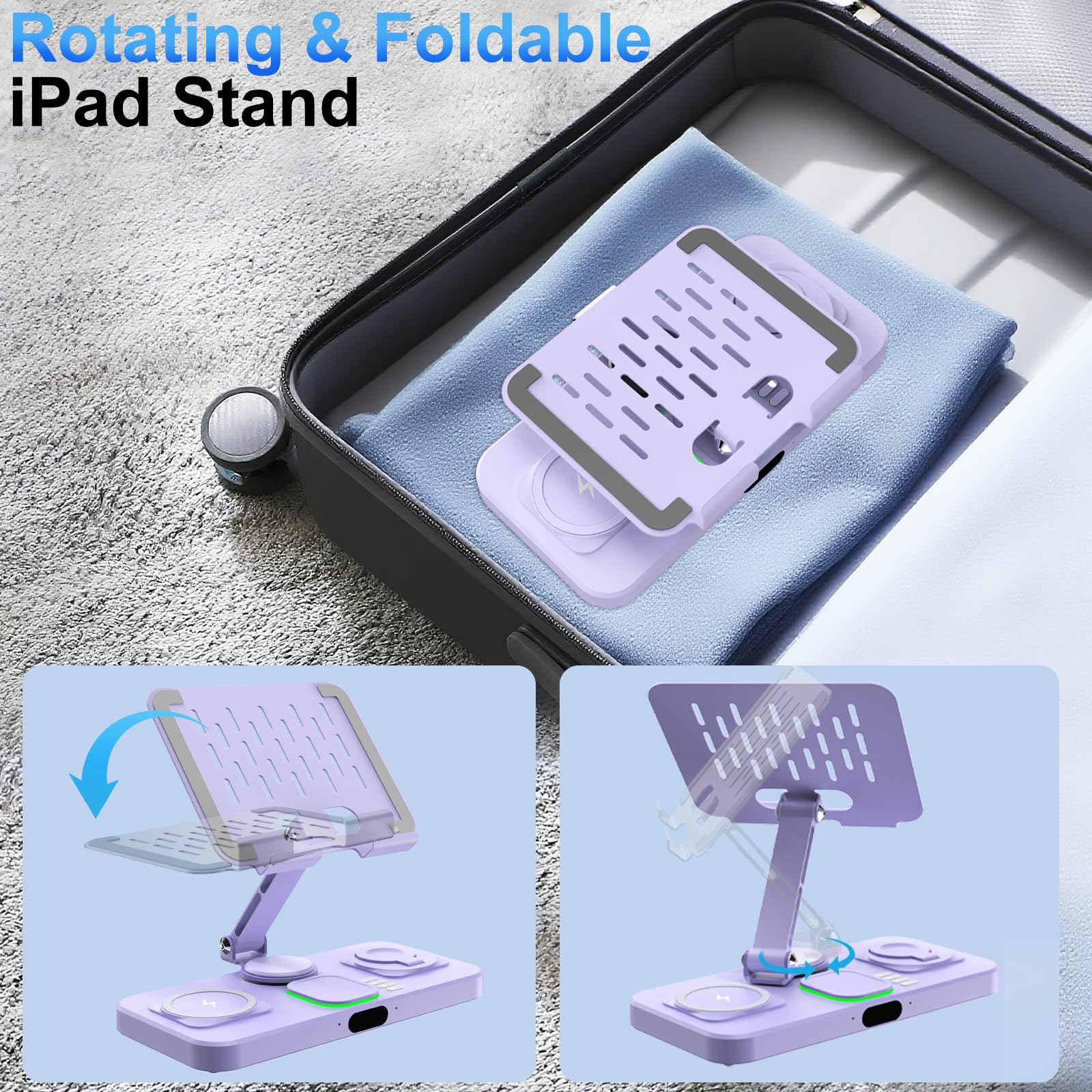 Caricabatterie wireless 6 in 1 per dispositivi Apple, stazione di ricarica con orologio e luce ambientale a 7 colori, supporto girevole pieghevole per iPad, per iPhone17/16/15, supporto per Apple
