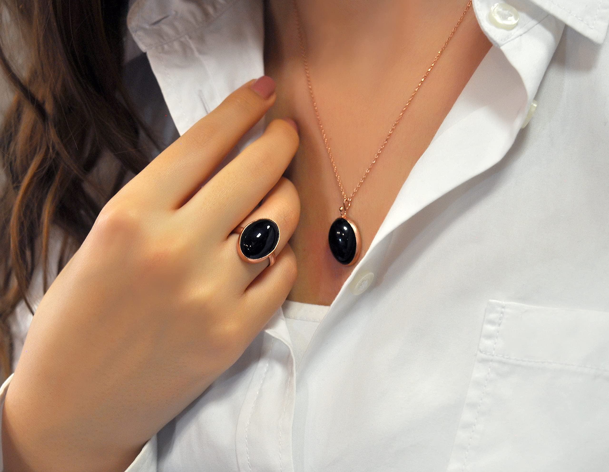 Halskette Damen Rosegold - 925 Silber - Achat - Rosegold kette - Schmuck Edelsteine - 925 Silber - Rosegold Schmuck Damen - Edelstein Kette Echt - 45 cm - Schwarzer - Steinanhänger für Kette