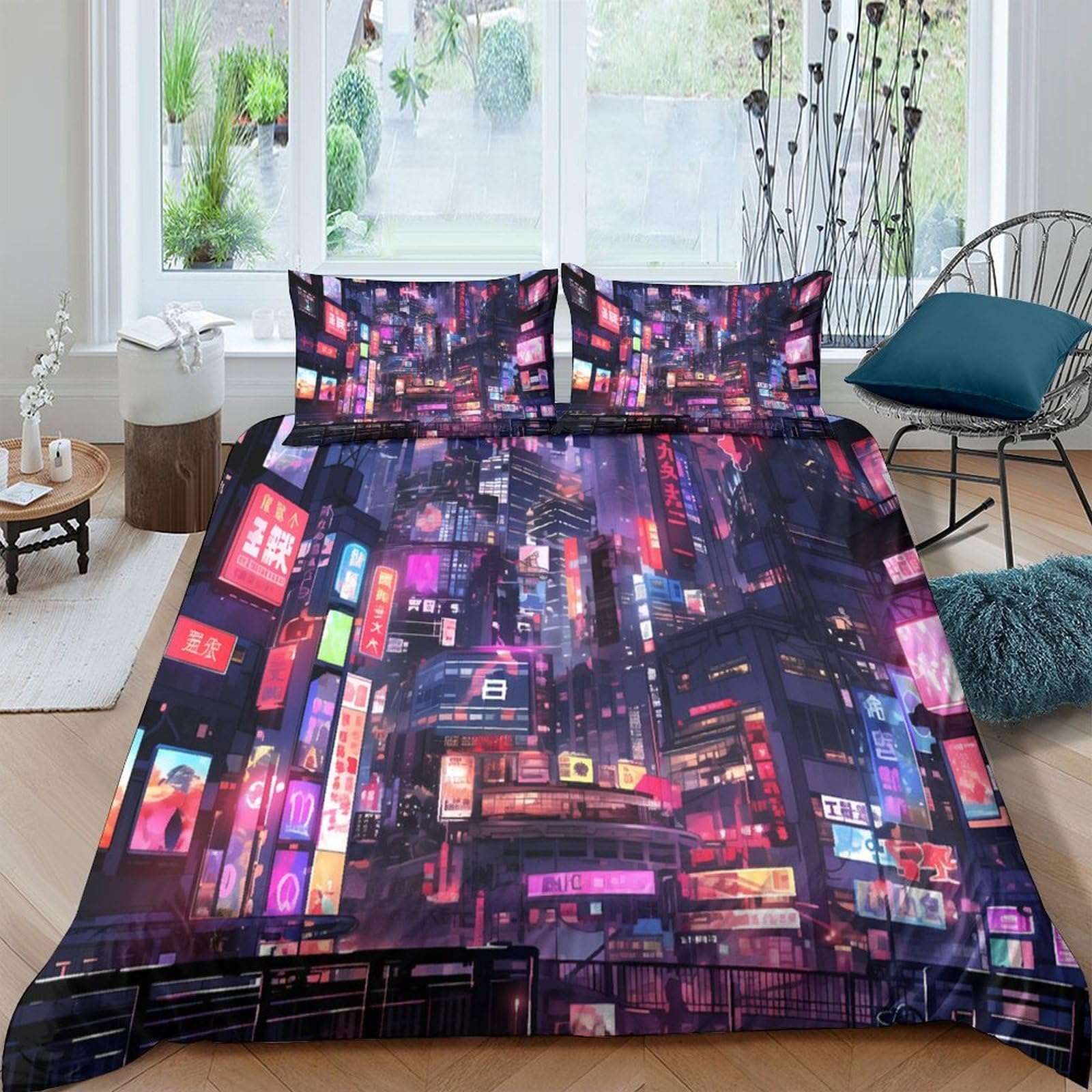 GPLZQXKJNH 3D Printed Neon City Nightscape Duvet Cover Microfiber Soft Breathable Urban Lights Bedding Set with 2 Pillowcases for Bedroom Decor Single（135x200cm）