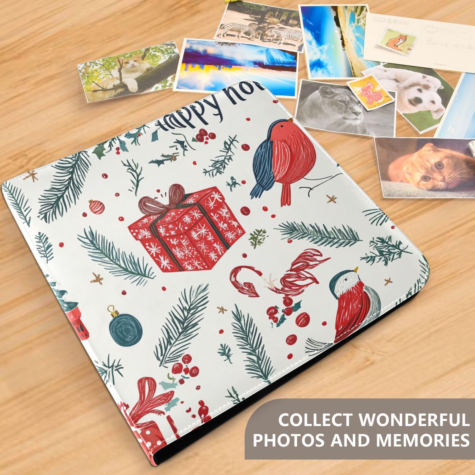 Álbum de fotos para fotos de todos los tamaños, caja de regalo de pájaros de Navidad, árbol de Navidad rojo, autoadhesivo, fotos de 4 x 6, 5 x 7, 6 x 8 pulgadas