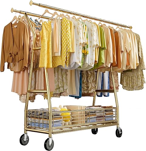 Miniatura 11 de Raybee Perchero resistente de 630 libras, percheros para colgar ropa, barras dobles con cesta de almacenamiento, perchero portátil para ropa pesada,