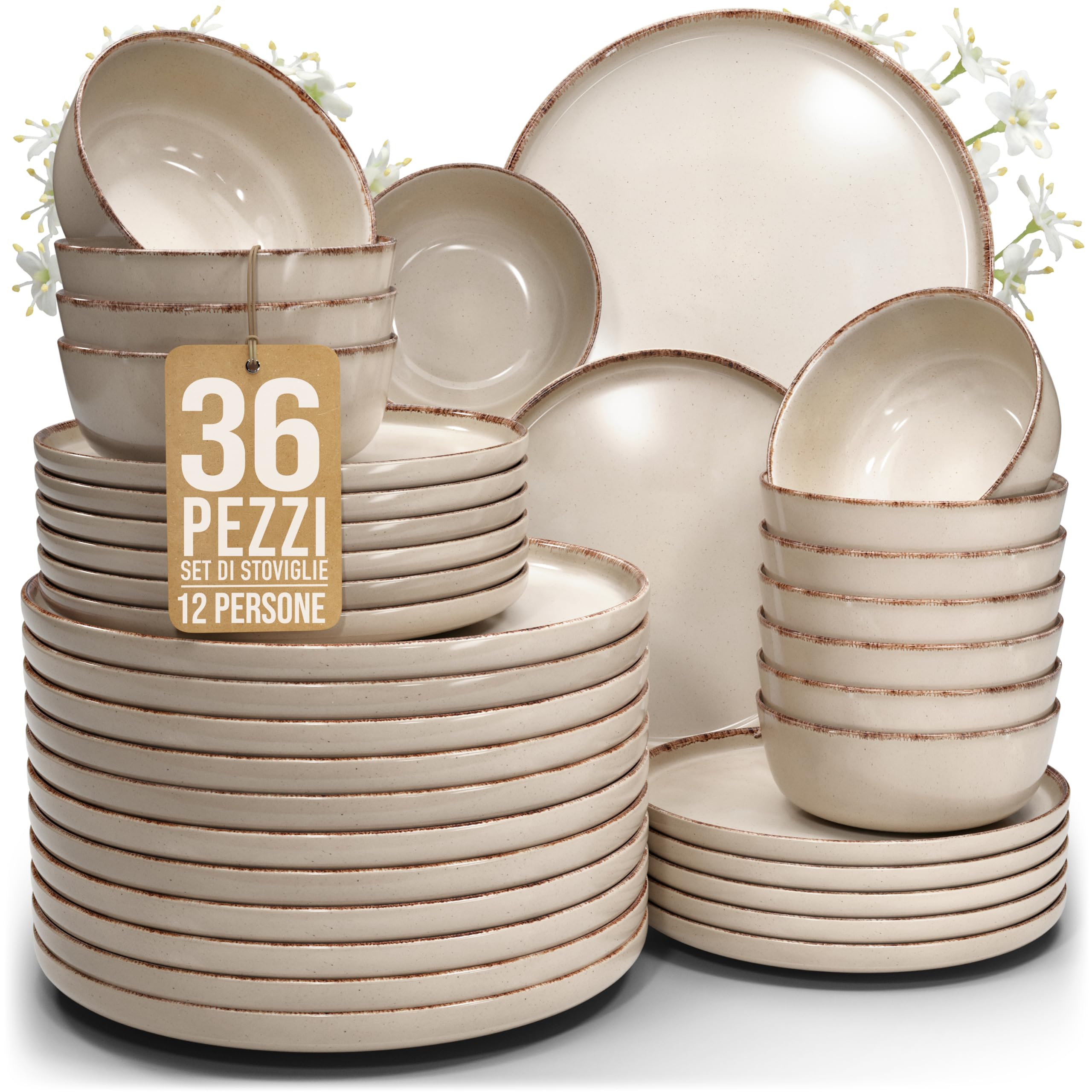 Set di Piatti in Ceramica per 12 Persone Rustic 36 Pezzi - Design Rustico e Moderno, Lavabili in Lavastoviglie - Set di Ciotole e Piatti Colorati - Pure Living beige