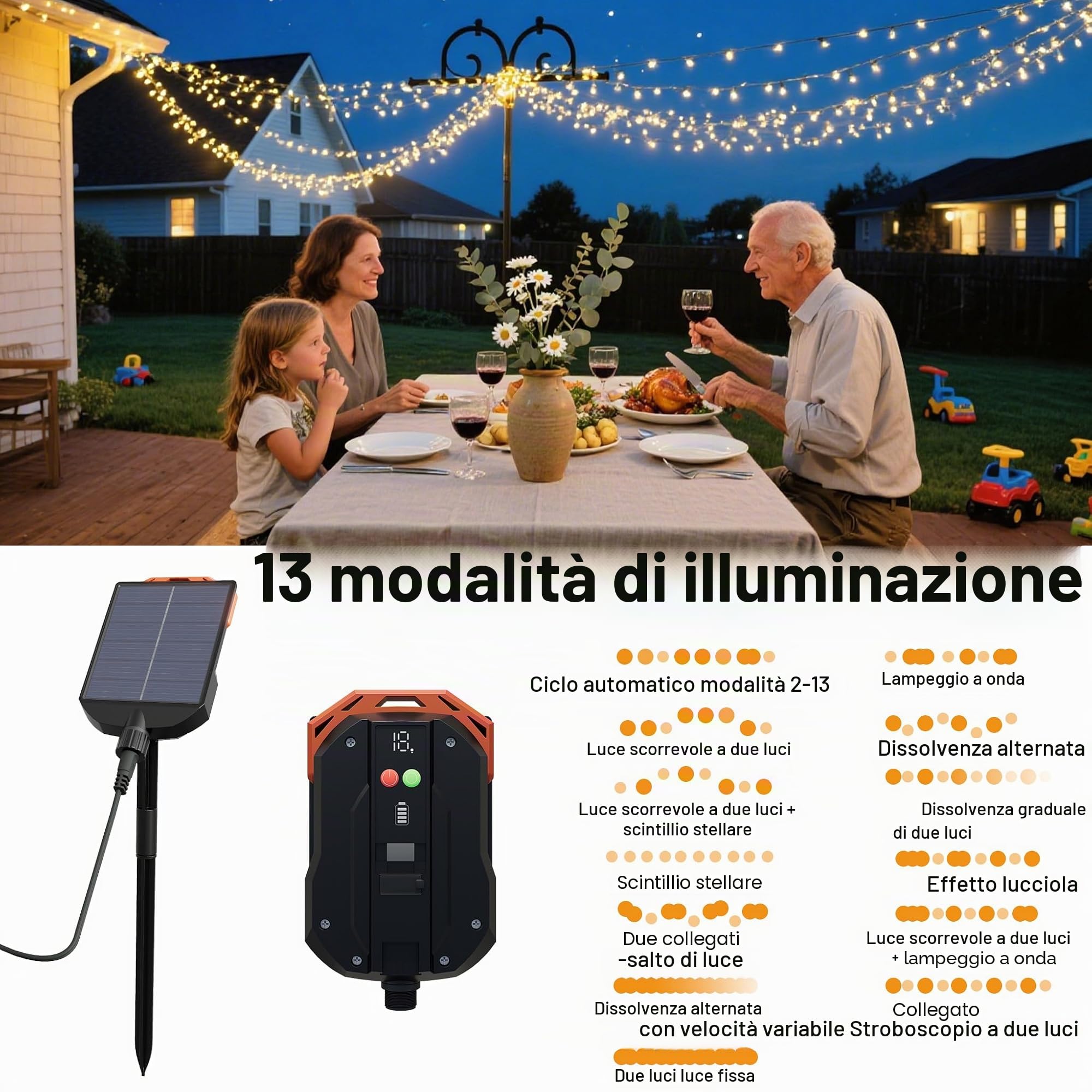 Aufun Luci Solari da Esterno, 1000 LED Luci ad Energia Solare Impermeabile Bianco Caldo 8 Modalità Luci con Telecomando per Festa in Giardino Balcone Terrazza Decorazione Domestica (100m)