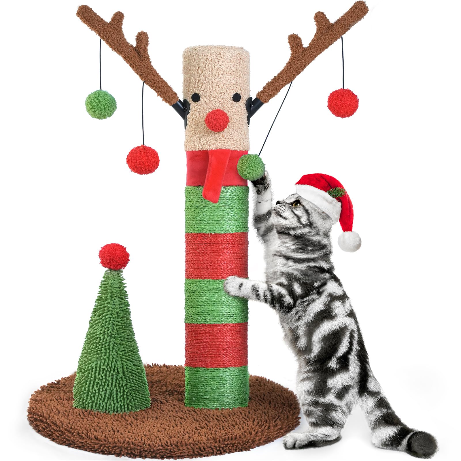 BOLUO Christmas Cat Scratching Post Deer Cat Trees for Adult Cats Scratcher Cute Toy Kitten Kitty Sisal Scratch with Teaser Ball Indoor 25 inch