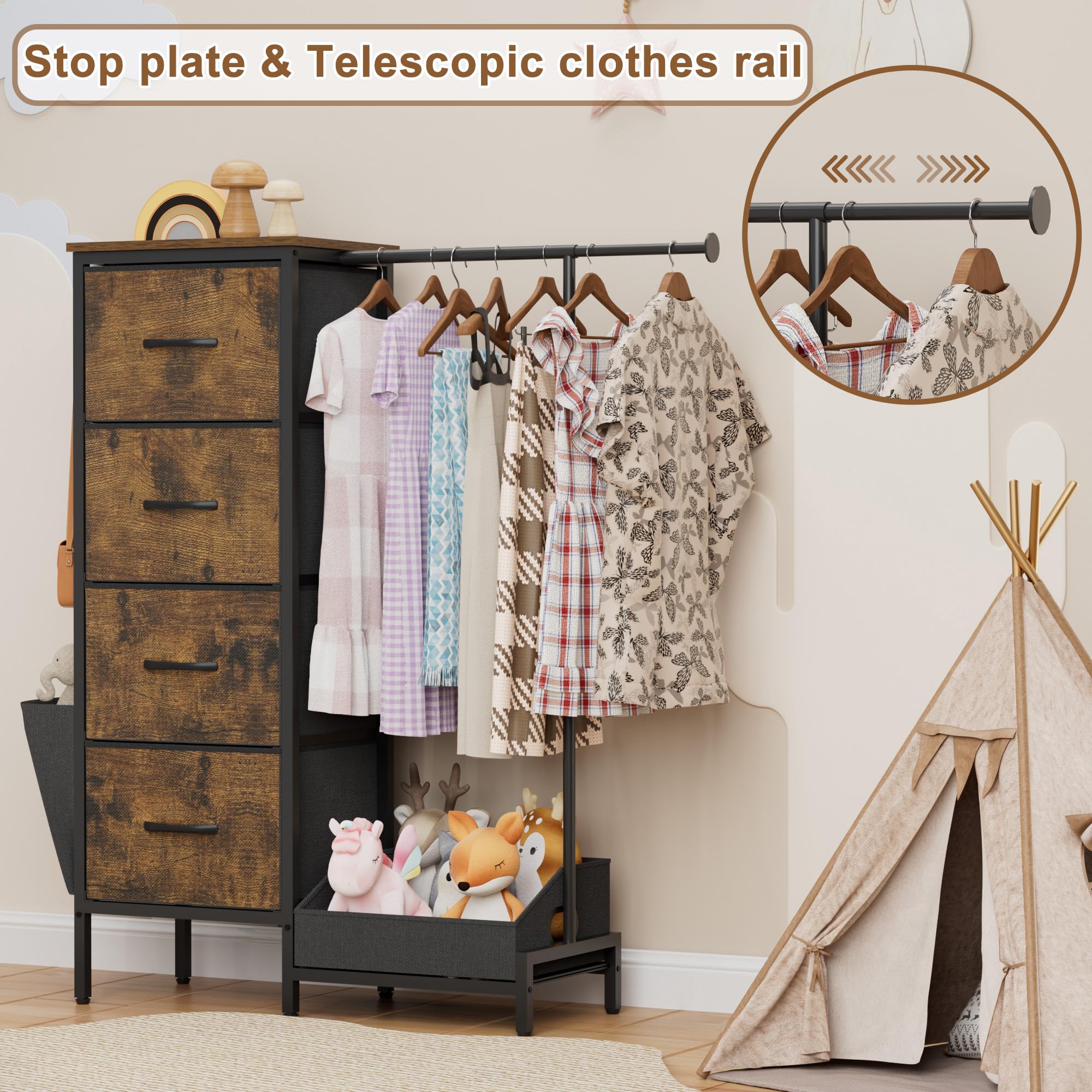 Commode avec 4 tiroirs en tissu et tringle à vêtements, 110 cm de haut, armoire étroite pour chambre à coucher, couloir, chambre d'enfant, armoire à linge peu encombrante avec étagère à chaussures