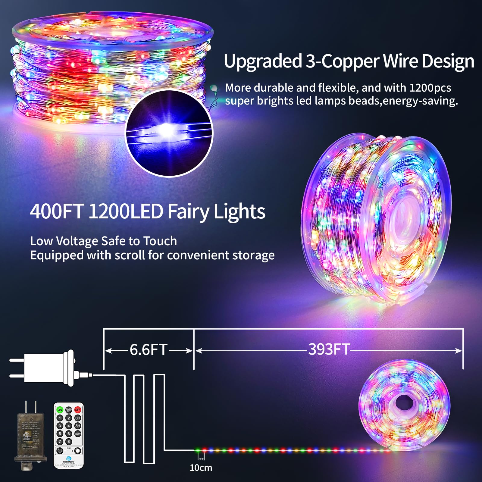 Luci natalizie da 1200 m, 1200 LED, luci natalizie per esterni, impermeabili, con timer, 8 modalità di memoria, luci scintillanti per vacanze, matrimoni, feste, giardino, multicolore