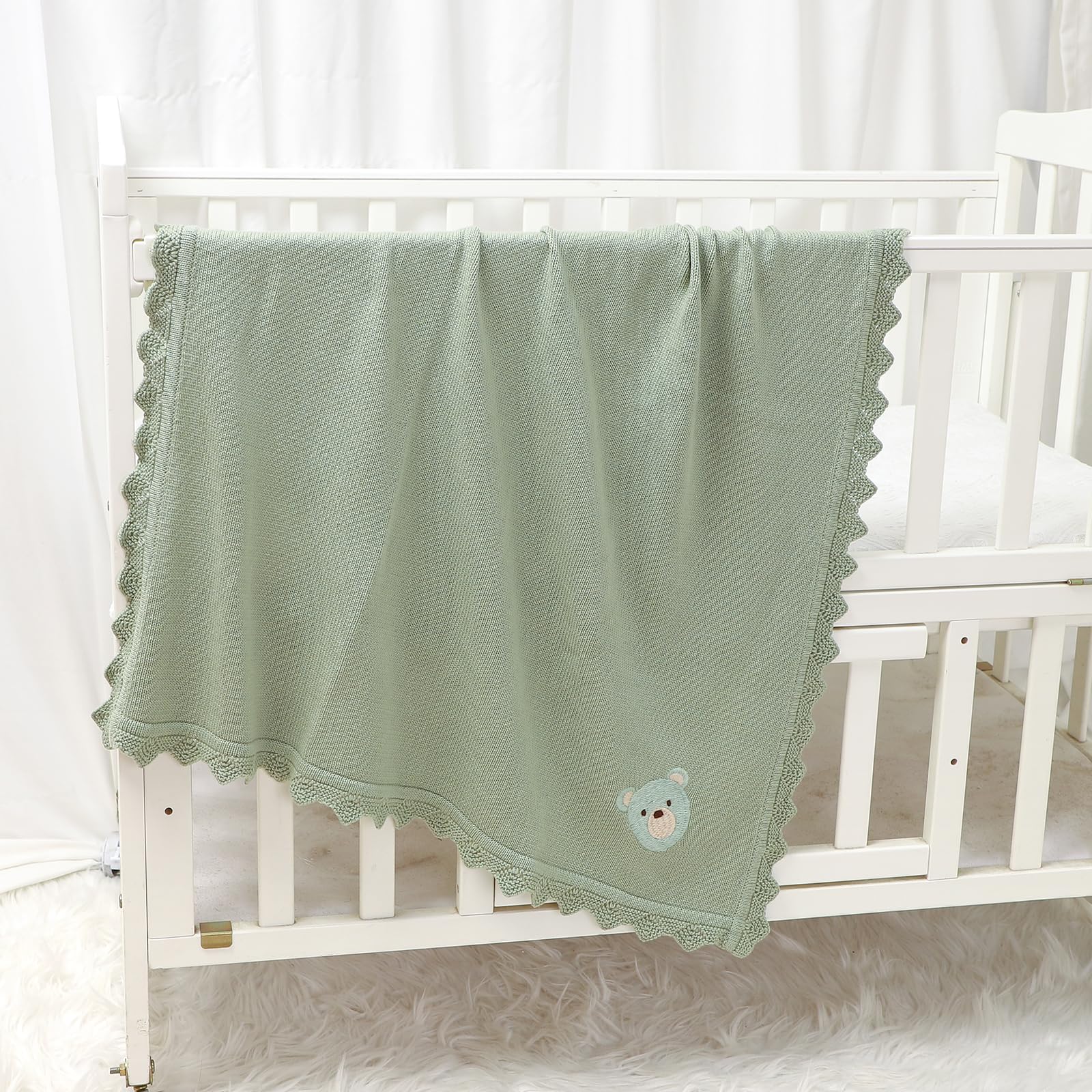 DovFanny Cotton Cellular Baby Blanket Knitted Soft Blanket for Newbron Baby Boy and Girls with Lovely Bear (sage greeen) - Image 4
