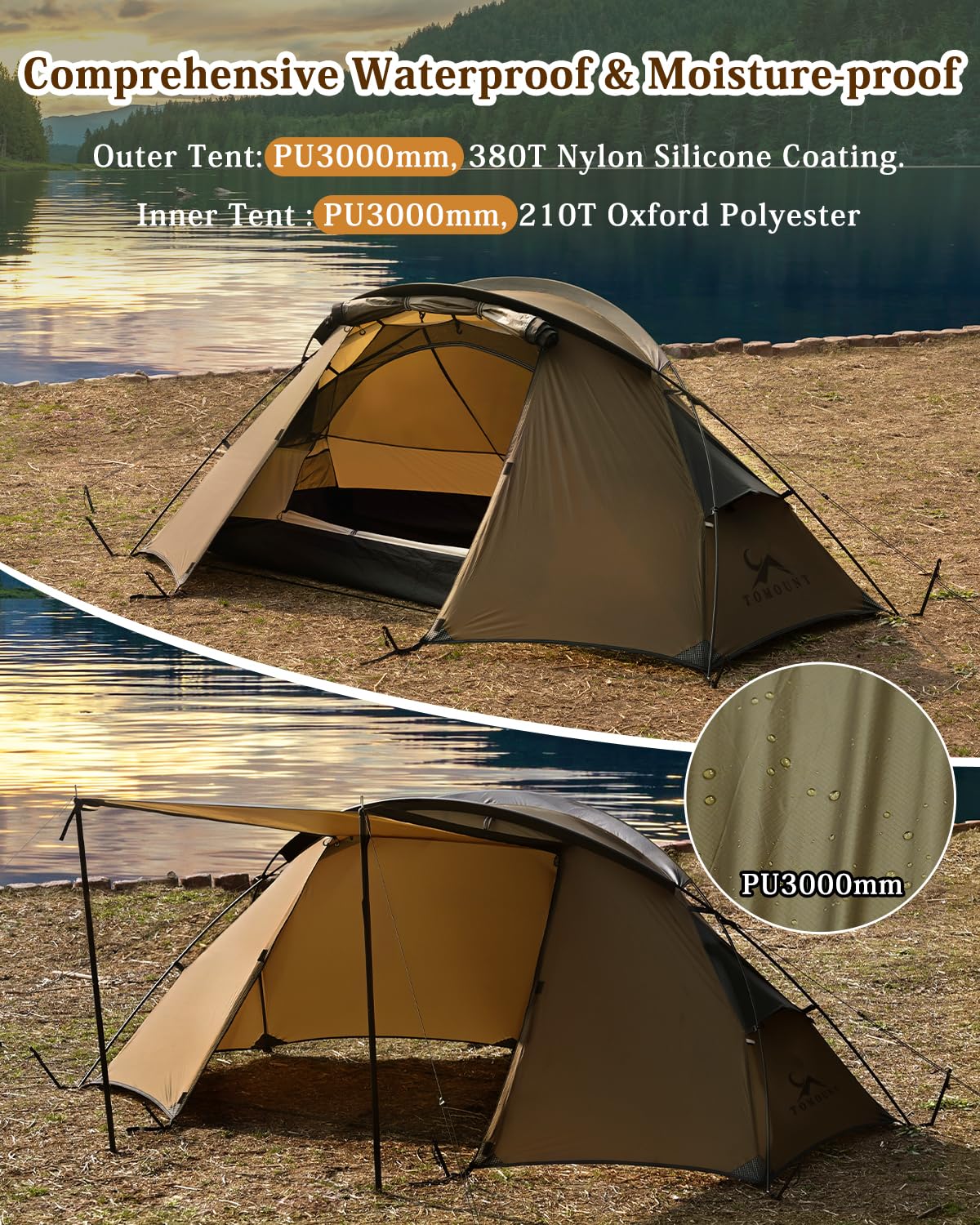 TOMOUNT - Tienda de campaña para mochileros para 1-2 hombres, impermeable, de nailon ultraligero, 1,5 kg a 2 kg, para senderismo, camping, al aire libre