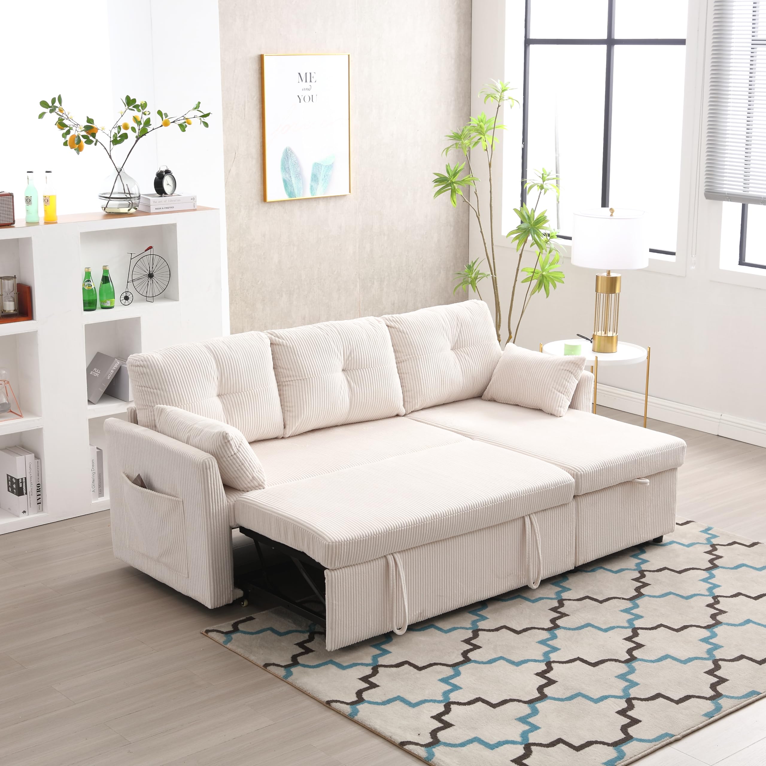 Sapgaks Canapé sectionnel modulable en L, canapé d'angle modulable pour Salon avec méridienne Interchangeable, Tissu Velours, canapé lit Multifonction avec Rangement et lit gigogne, Beige