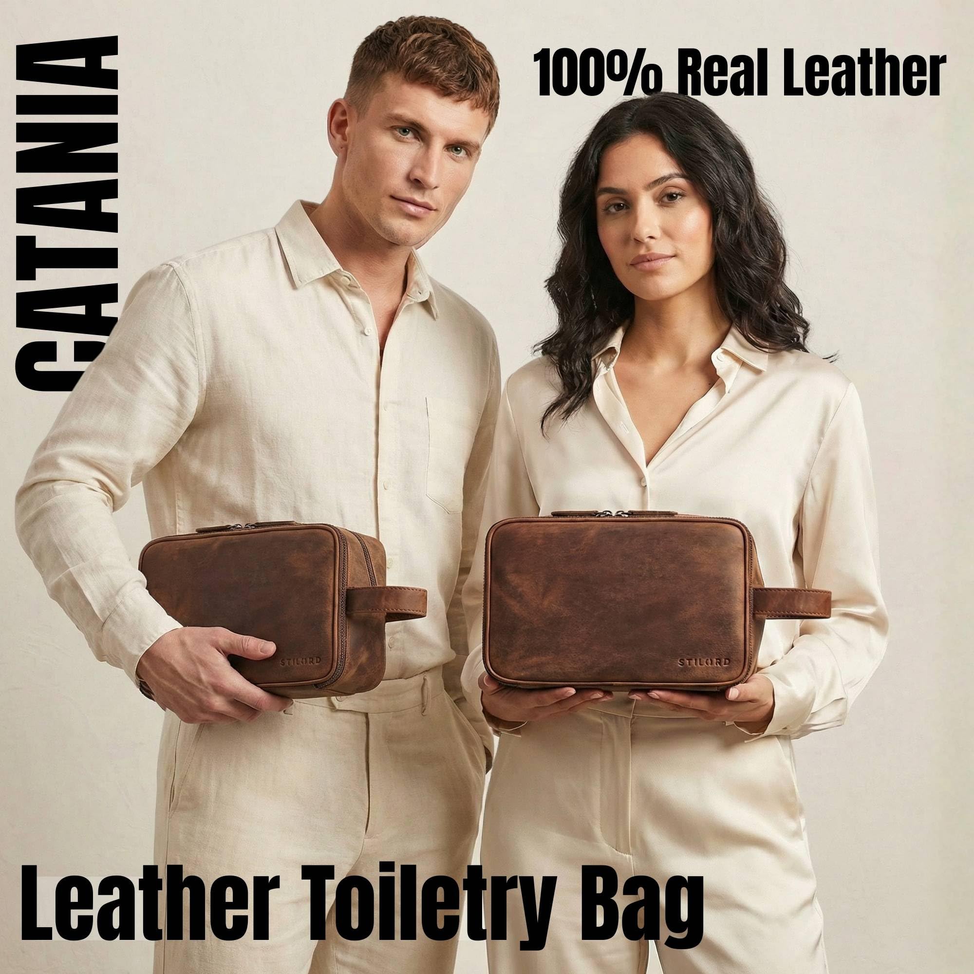 STILORD 'Catania' großer Reise-Kulturbeutel Leder Herren Damen Kulturtasche Schicke Kosmetiktasche Beautycase Badtasche Toiletry Bag Leather Wash Bag Echtleder Waschtasche, Farbe:Zamora - braun